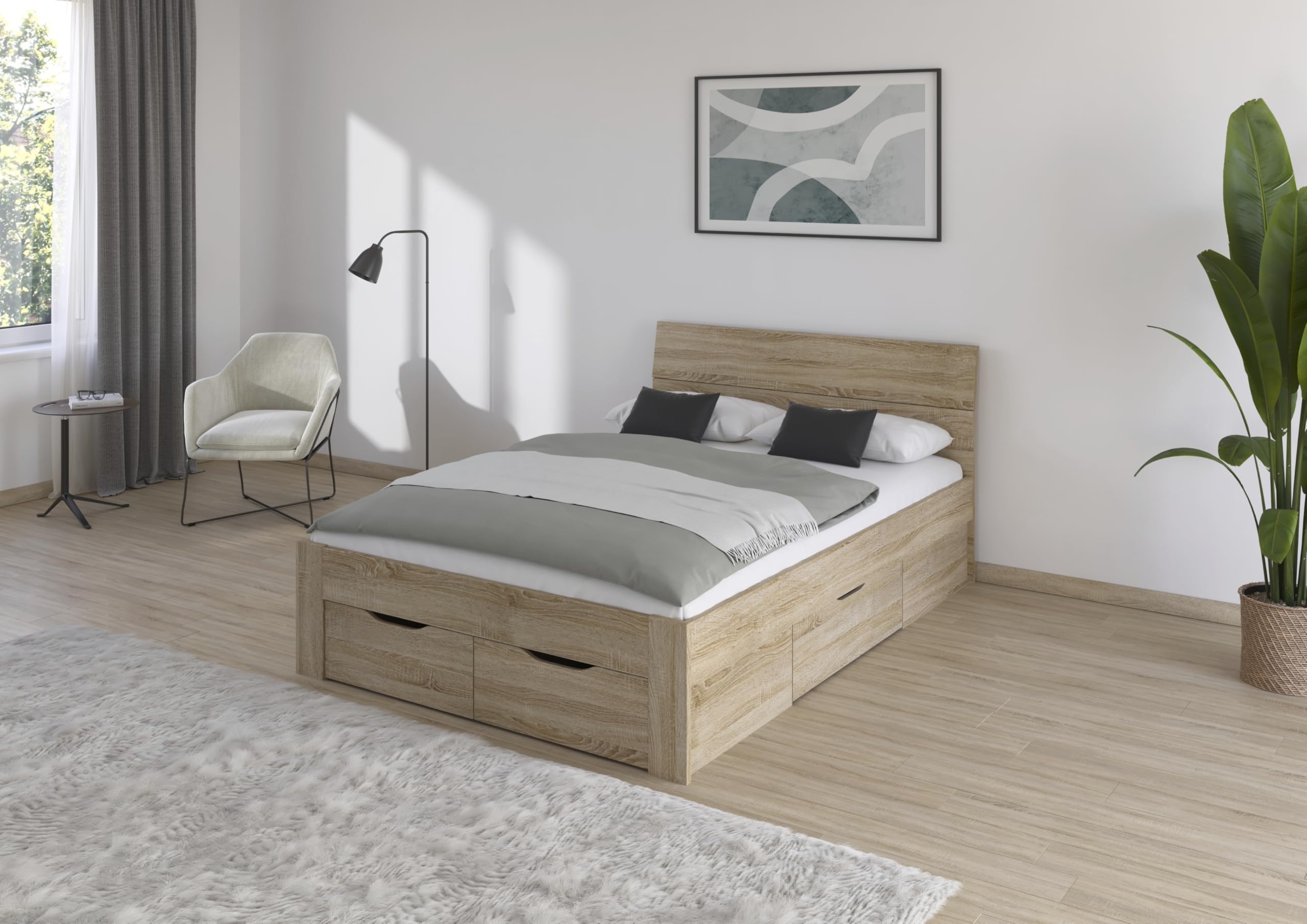 Rauch Möbel FLEXX, Bett, Farbe Eiche Sonoma, Maße 145x90x209 cm | Doppelbett, Stauraumbett, mit 3 Schubladen, für Schlafzimmer, Jugendzimmer, Gästezimmer, Liegefläche 140x200 cm