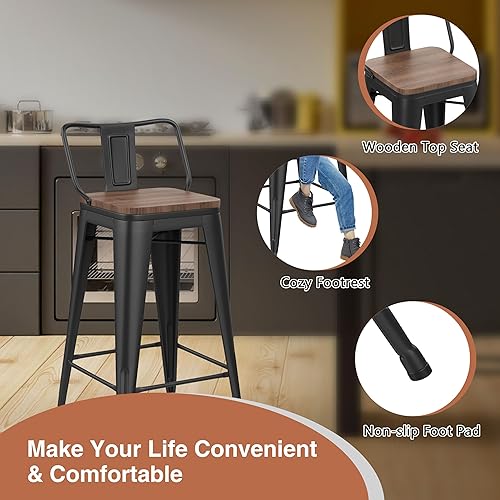 Miniatura 5 de Changjie Furniture - Juego de 4 sillas altas de metal con diseño industrial para barra de cocina o bar con respaldo bajo, Metal, Negro, 30 pulgadas