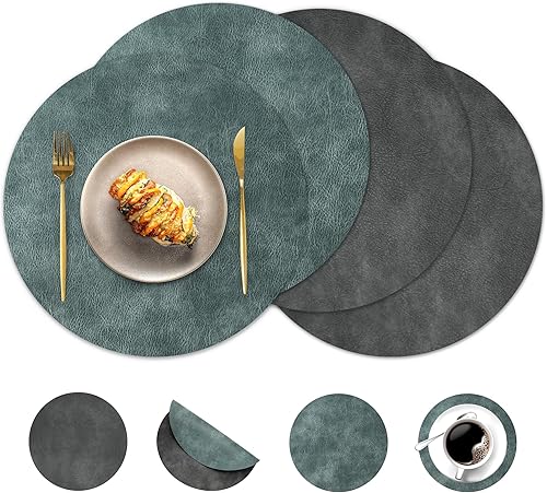 Miniatura 20 de Juego de 6 manteles individuales redondos y posavasos, manteles individuales reversibles lavables de cuero sintético con patrón de cuero de vaca,