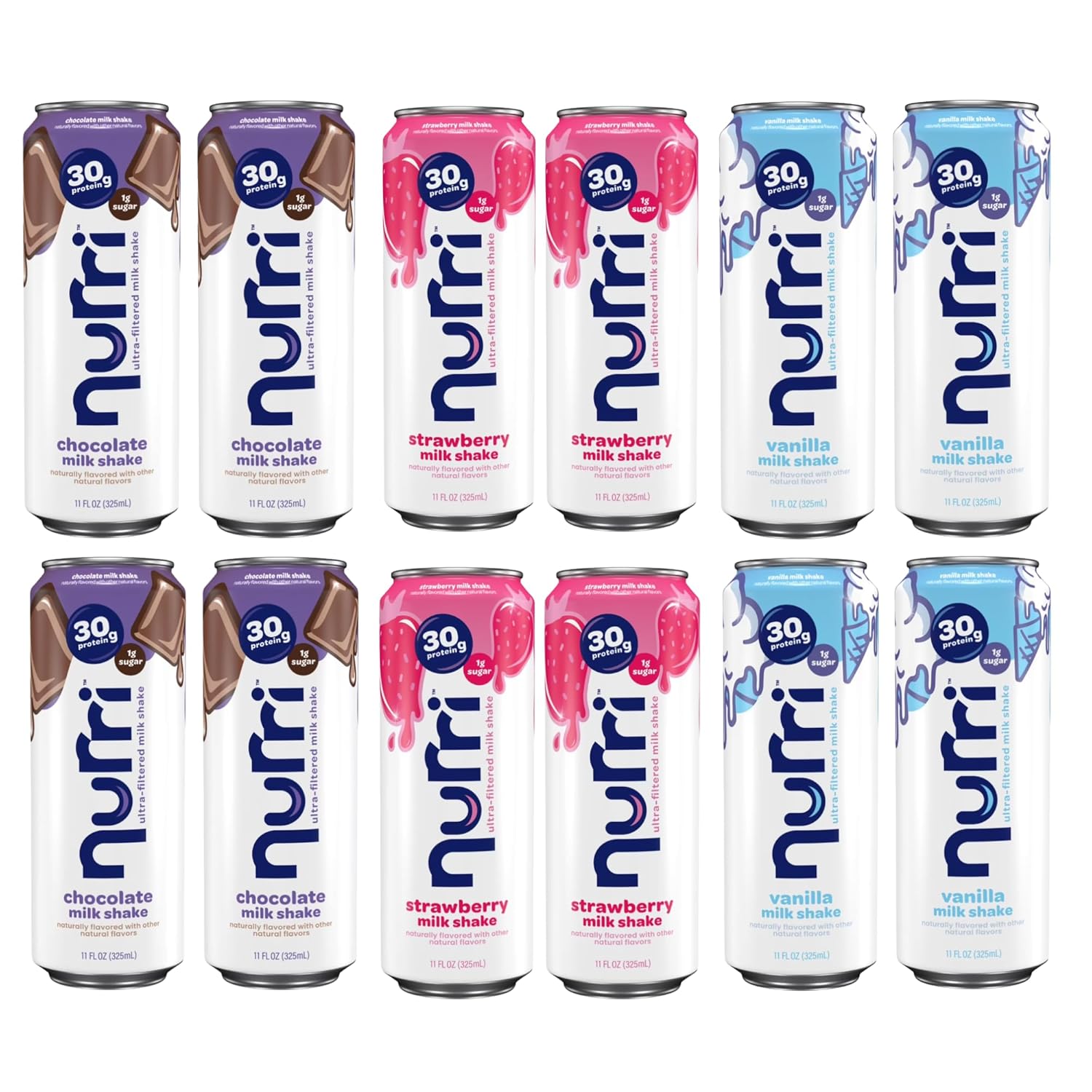 Nurri 30g Protein Shake Ready to Drink, 12 Pack Variety (4 Vanilla, 4 Chocolate, 4 Strawberry), 1g Sugar, 150 Calories, Lactose Free, Meal Replacement & Post Workout Drink