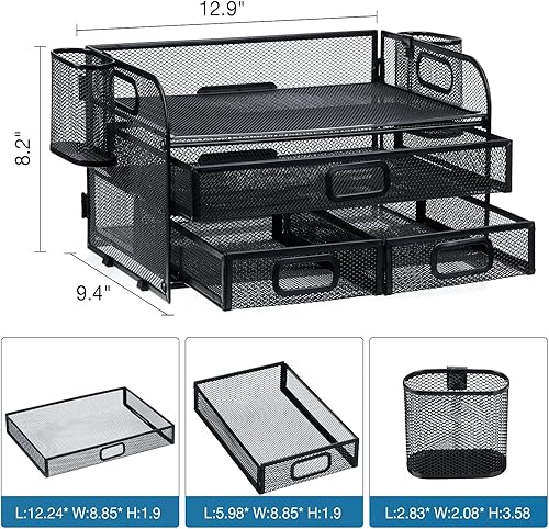 Miniatura 6 de NCXTKJ Organizador de escritorio de malla de 3 bandejas con cajones y soporte para bolígrafos, organizador de archivos de escritorio, clasificador