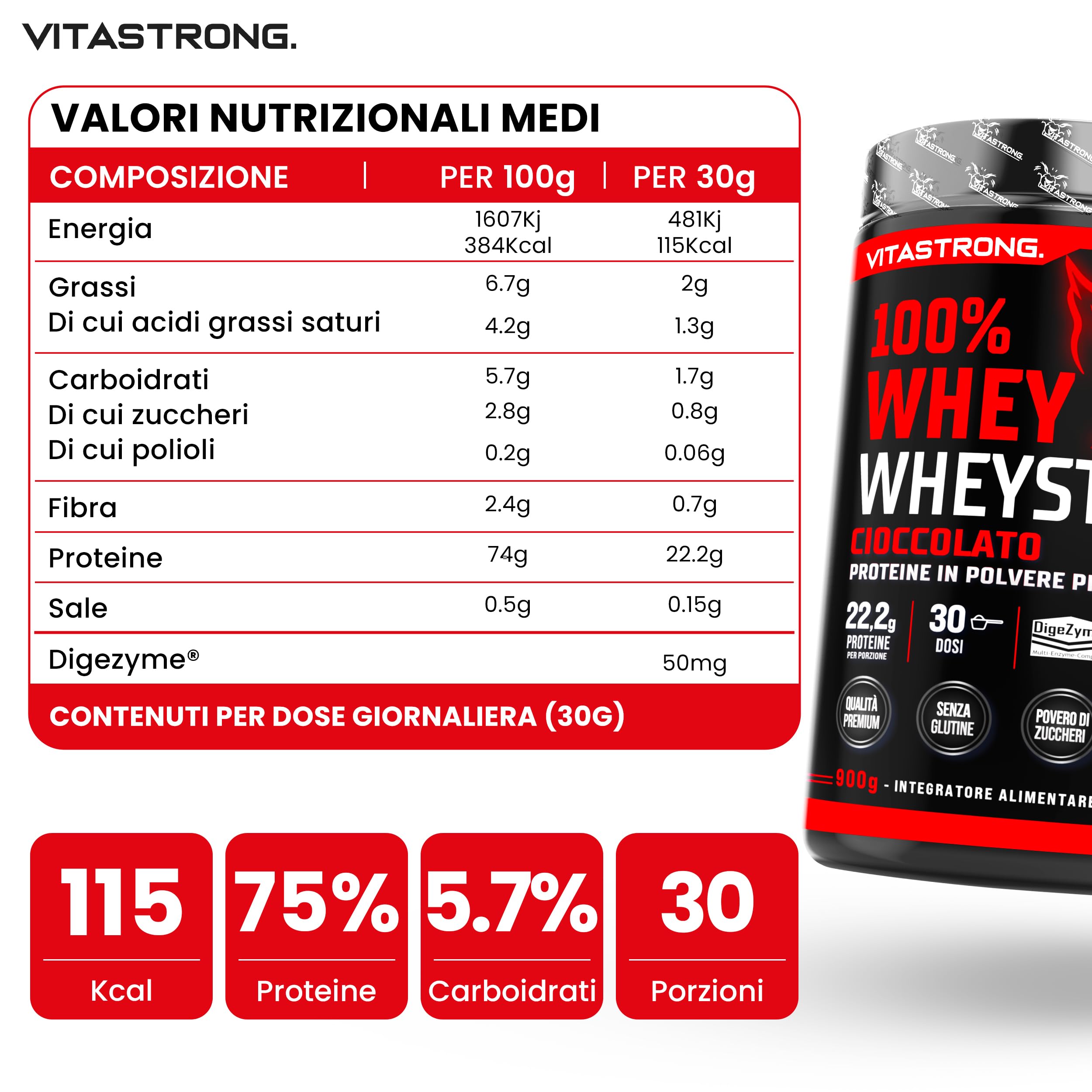 Vitastrong Proteine in Polvere Premium WheyStrong®, 900g, Gusto Cioccolato | 100% Proteine Whey con DigeZyme®, Alta Digeribilità e Concentrazione, Proteine del Siero del Latte Solo da Fornitori Italiani