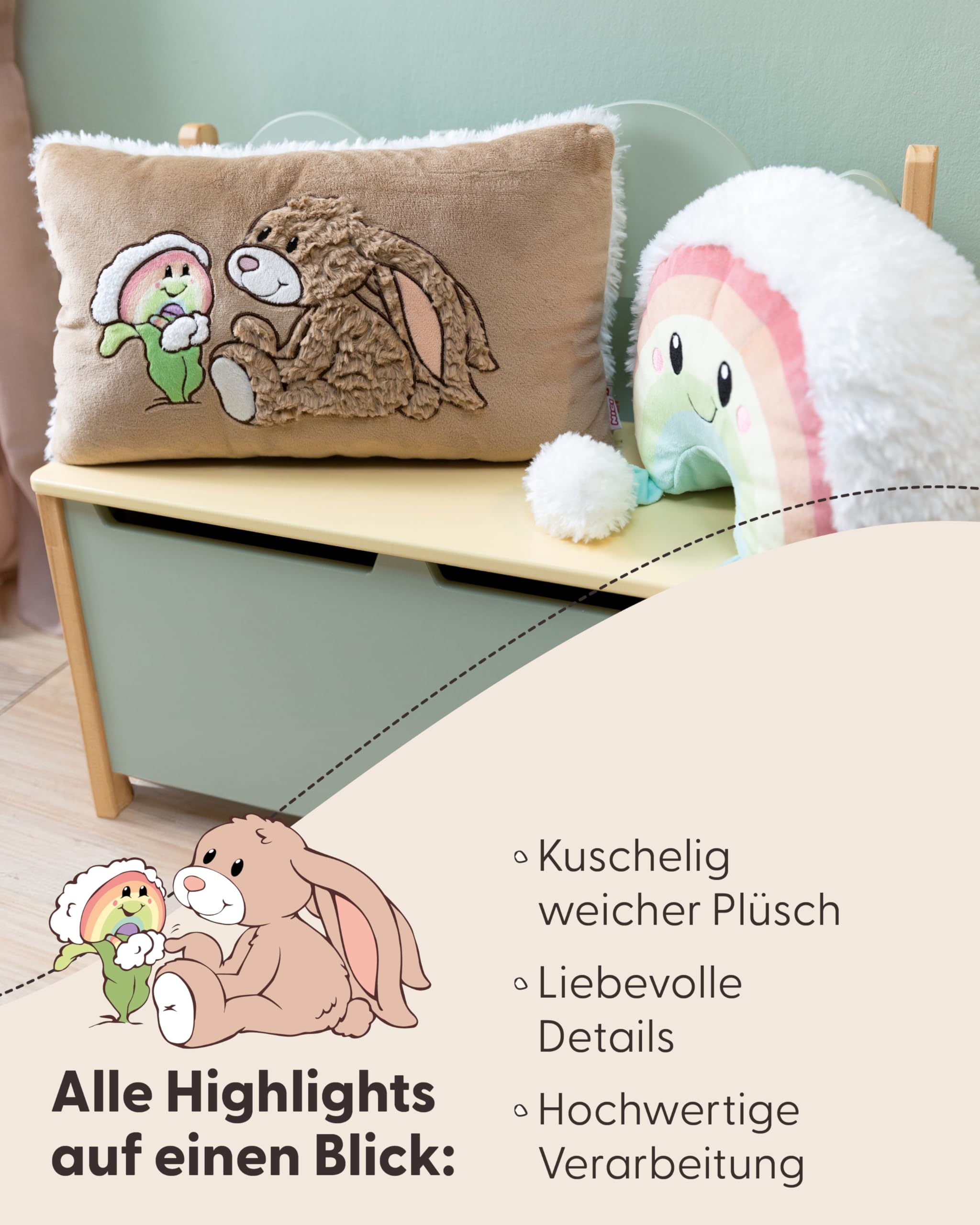 NICI Kissen Hase Lopino 43x25cm - braun - Flauschiges Kuscheltierkissen für Jungen, Mädchen, Babys und Kuscheltierliebhaber, ideal für Zuhause, Kindergarten oder unterwegs | 62335