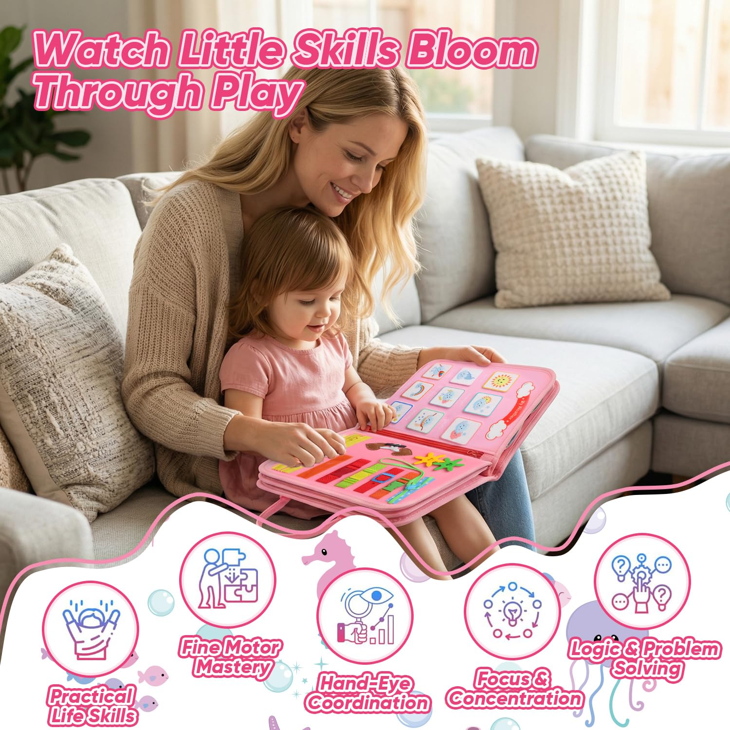 Mermaid Busy Board Giocattoli per ragazze, attività educative sensoriali occupate giocattoli per l'apprendimento delle abilità motorie fini per i più piccoli, attività di viaggio giocattolo