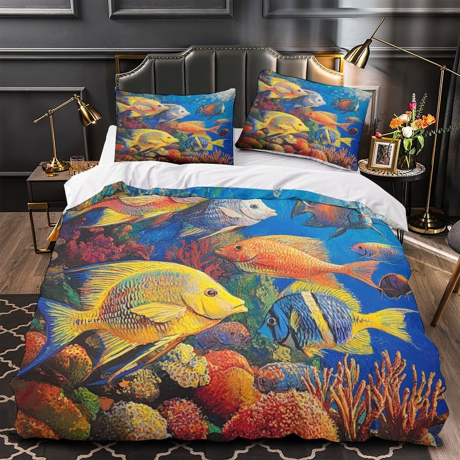 Housse de couette marine 3D 220x240 cm avec 2 taies d'oreiller pour lit King