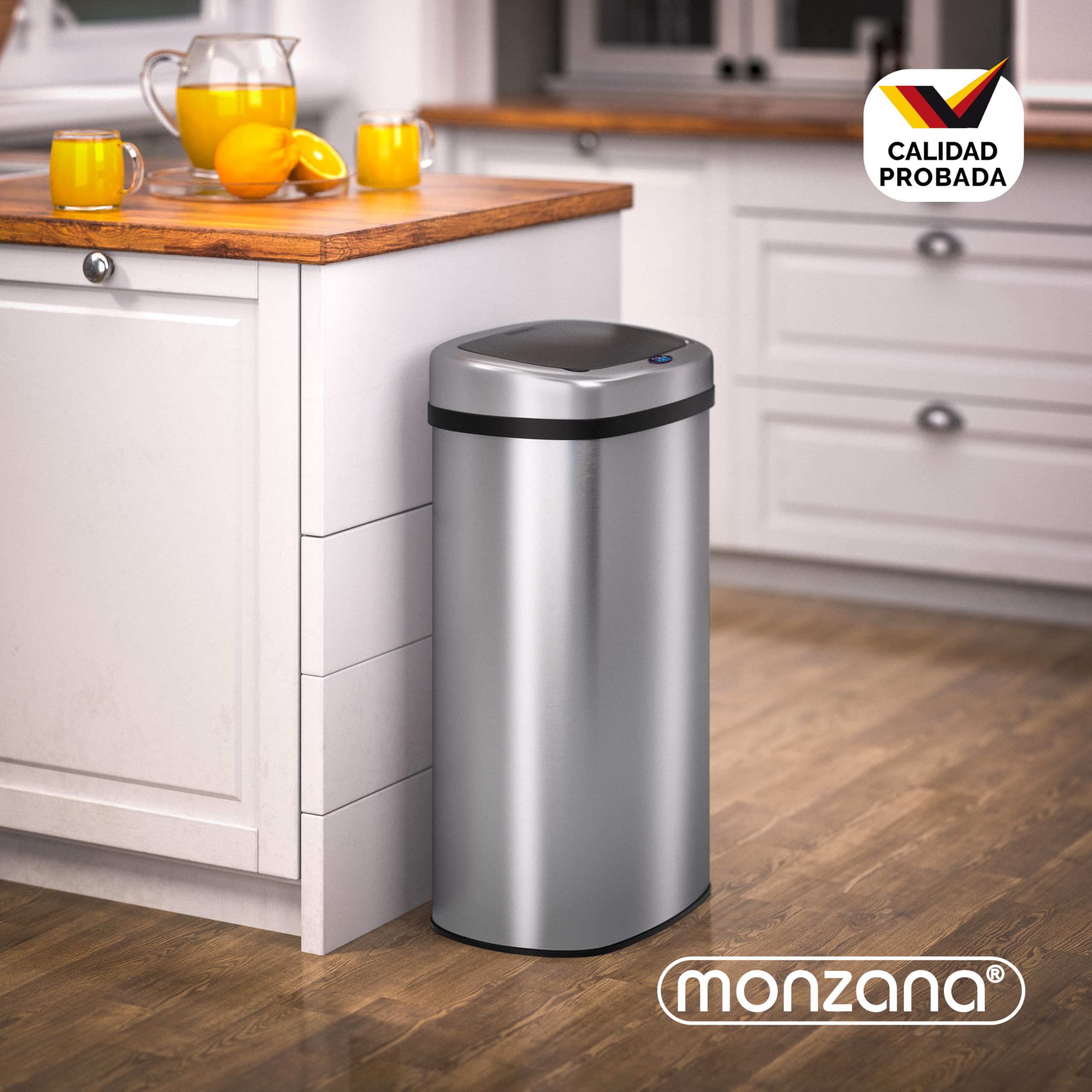 Monzana® Cubo de Basura Cocina con Sensor 58 L Acero Inoxidable Tapa Automática Extraíble Anillo Seguridad Indicador LED Cable USB Casa Oficina Plata