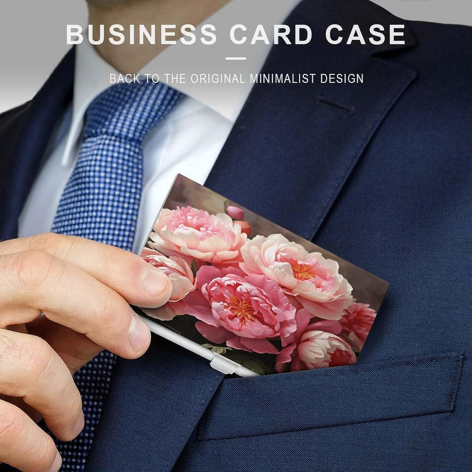 Peony Flowers Blossom Business Card Holder Aluminum Alloy Cards Case Flip Cover Slim Name Card for Men Buckle Style Shut Professional Cards Case for Office Workers