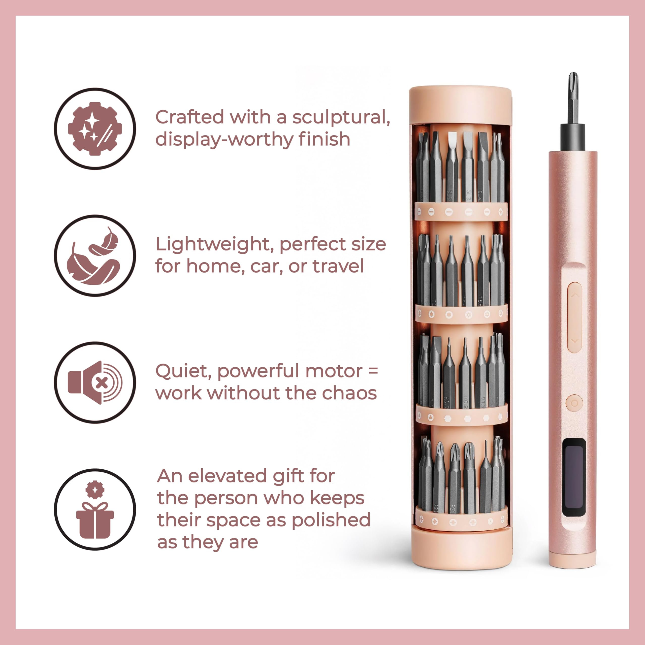 Kit di cacciaviti elettrici di precisione, cacciavite ricaricabile resistente + 62 punte magnetiche in custodia da viaggio in alluminio satinato, grazioso e pratico, set di attrezzi da donna