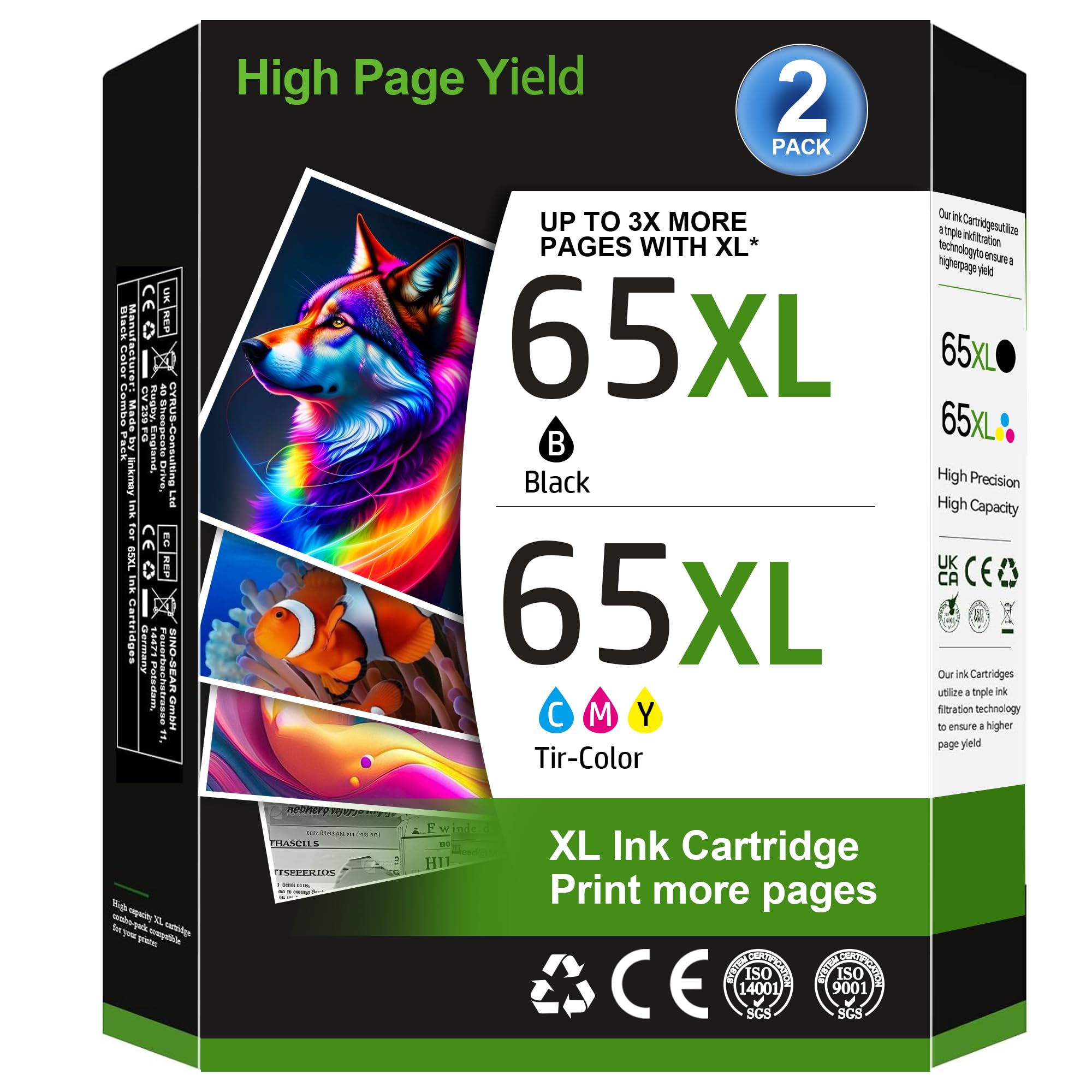 65XL Black/Tri-Color Ink Cartridges (2-Pack) for HP Ink 65 65XL High-Yield for HP 65XL Work with HP DeskJet 3755 3772 3700 2622 2600 Series, Envy 5000 5055 5070 Series, AMP 100 Series Printer T0A36AN