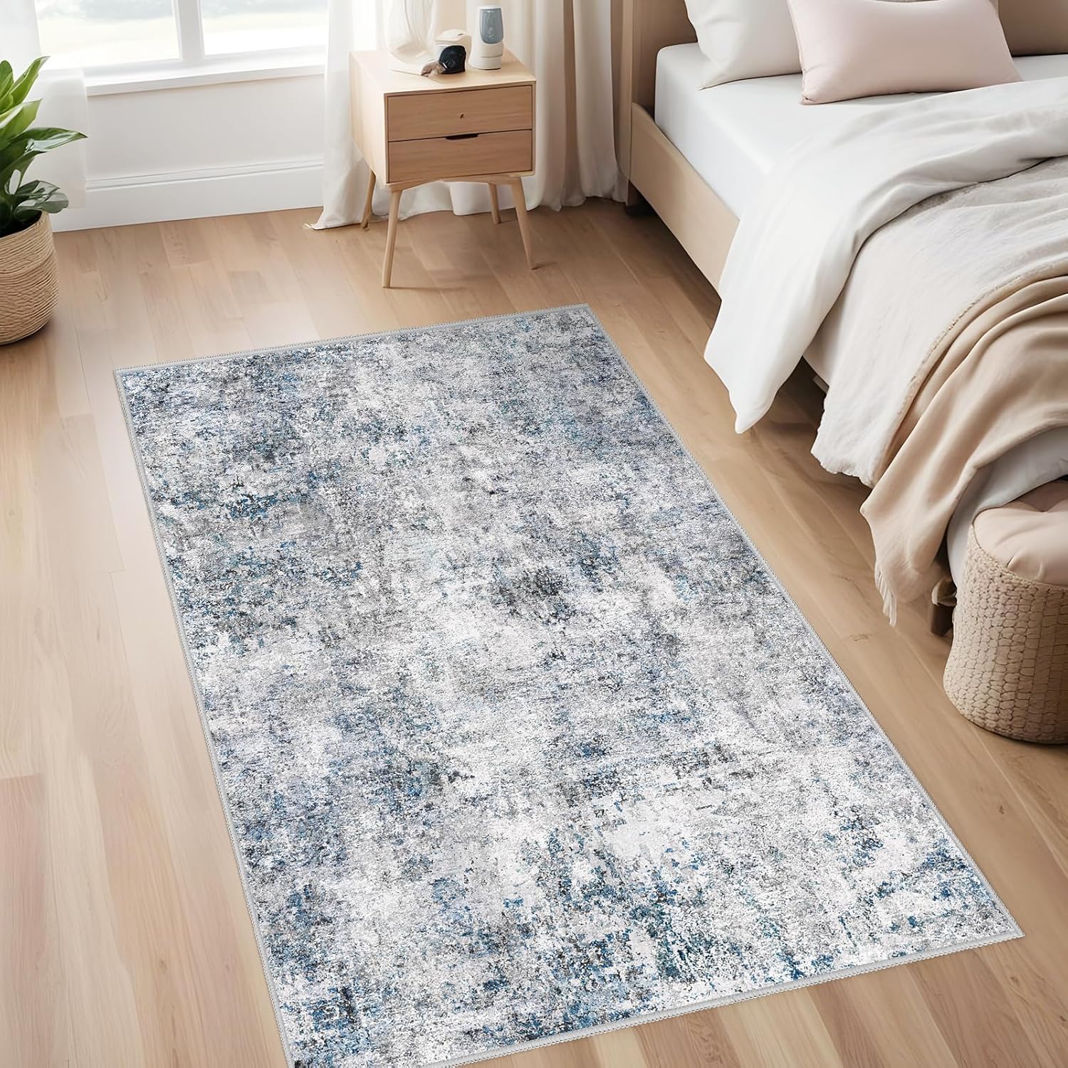 Abstract 3x5 Washable Rug-Modern Non Slip Area Rug Soft Carpet Foldable Distressed Stain Resistant Neutral Rugs for Hallway Living Room Bedroom Decor Indoor Small Farmhouse Rug 3'x5' Blue Gray