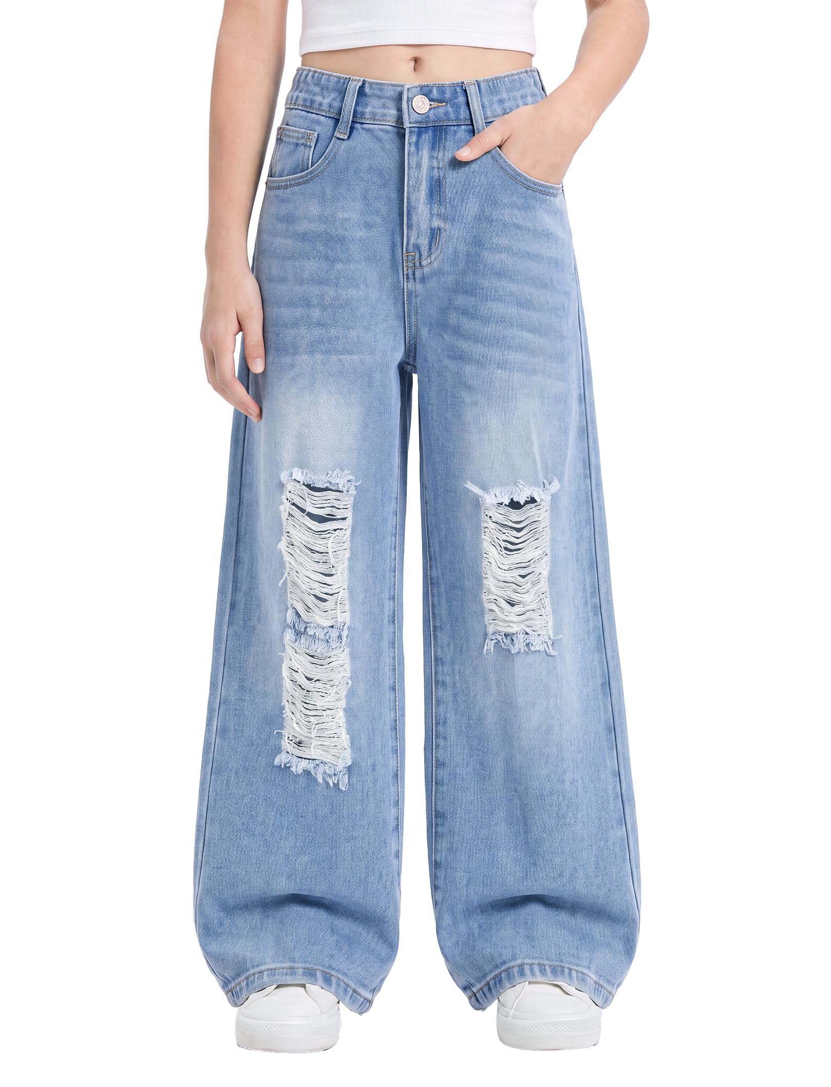 PATPAT Girls Baggy Ripped Jeans Elastic Waist Wide Leg