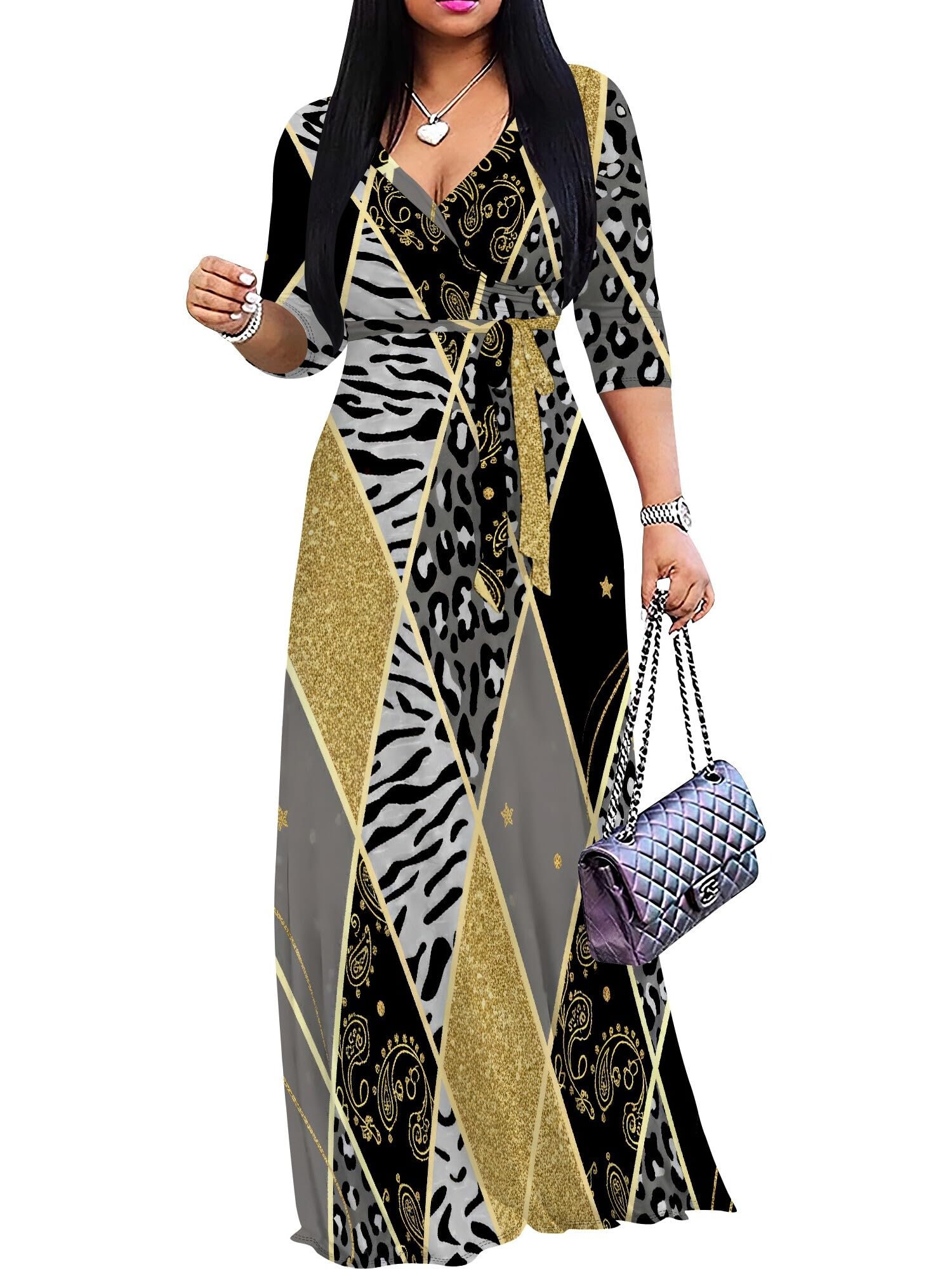 PinkPatty Women's Plus Size Maxi Dresses Casual Flowy 3/4 Sleeves Dress Printed Vacation Dress for Daily Wear with Belt