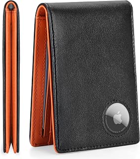 Mens Slim Leather Bifold AirTag Wallet with Money Pocket RFID Blocking 8 Credit Card Slots | Bill Divider | ID Window | Wallets Holder Compatible with Apple Air Tag, with Gift Box