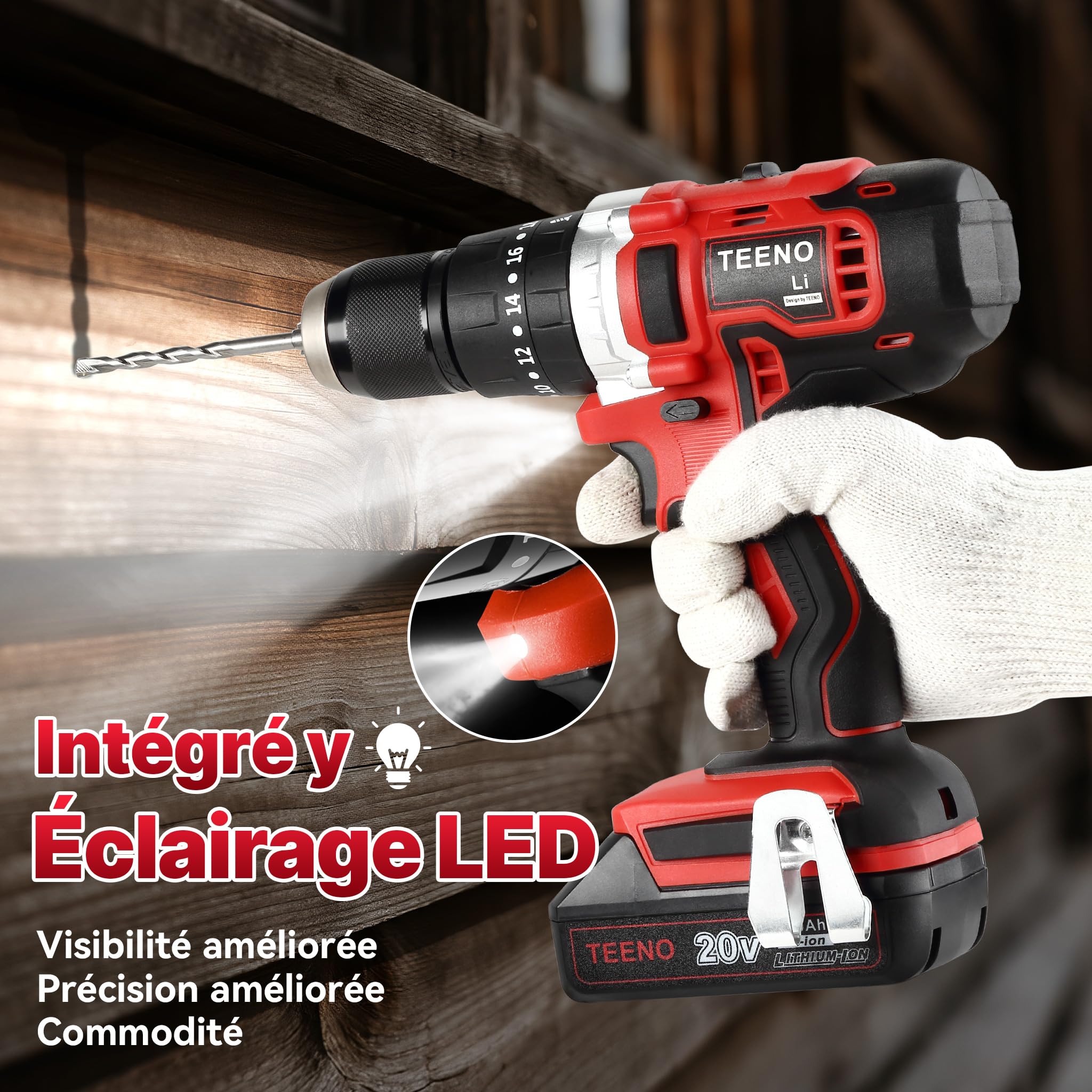 TEENO perceuse visseuse sans fil rechargeable, réglage couple 25+3 vitesses | Livré avec 2 batteries 2,0Ah, perceuse 45Nm avant-arrière, 69 accessoires + coffret, lampe LED, adapté au bricolage maison