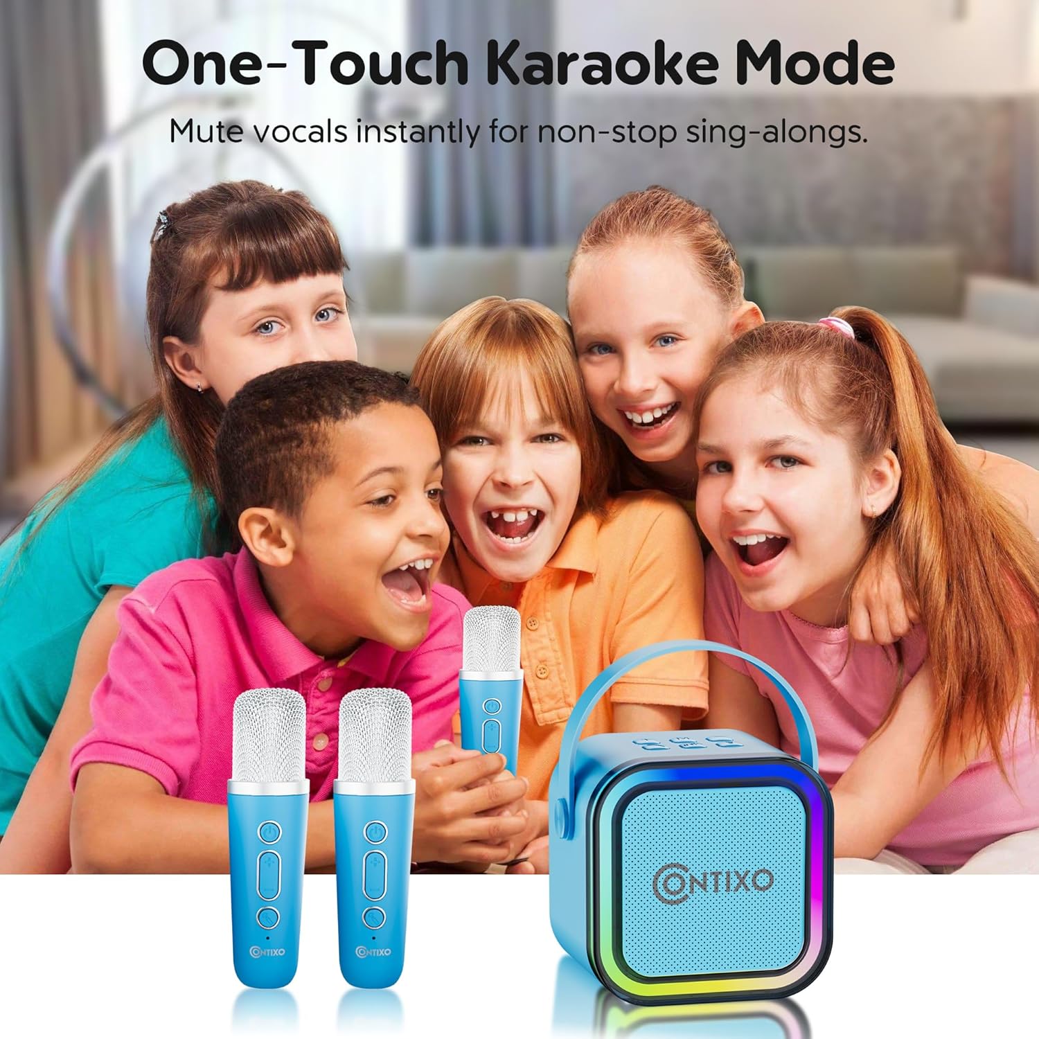 Contixo KS1 Mini Karaoke Machine for Kids, Portable Bluetooth Speaker with 2 Wireless Microphones & Dynamic Lights for Boys & Girls, Home Party Entertainment Toy (Blue) image 5 of 8 B0DHGTG5YX