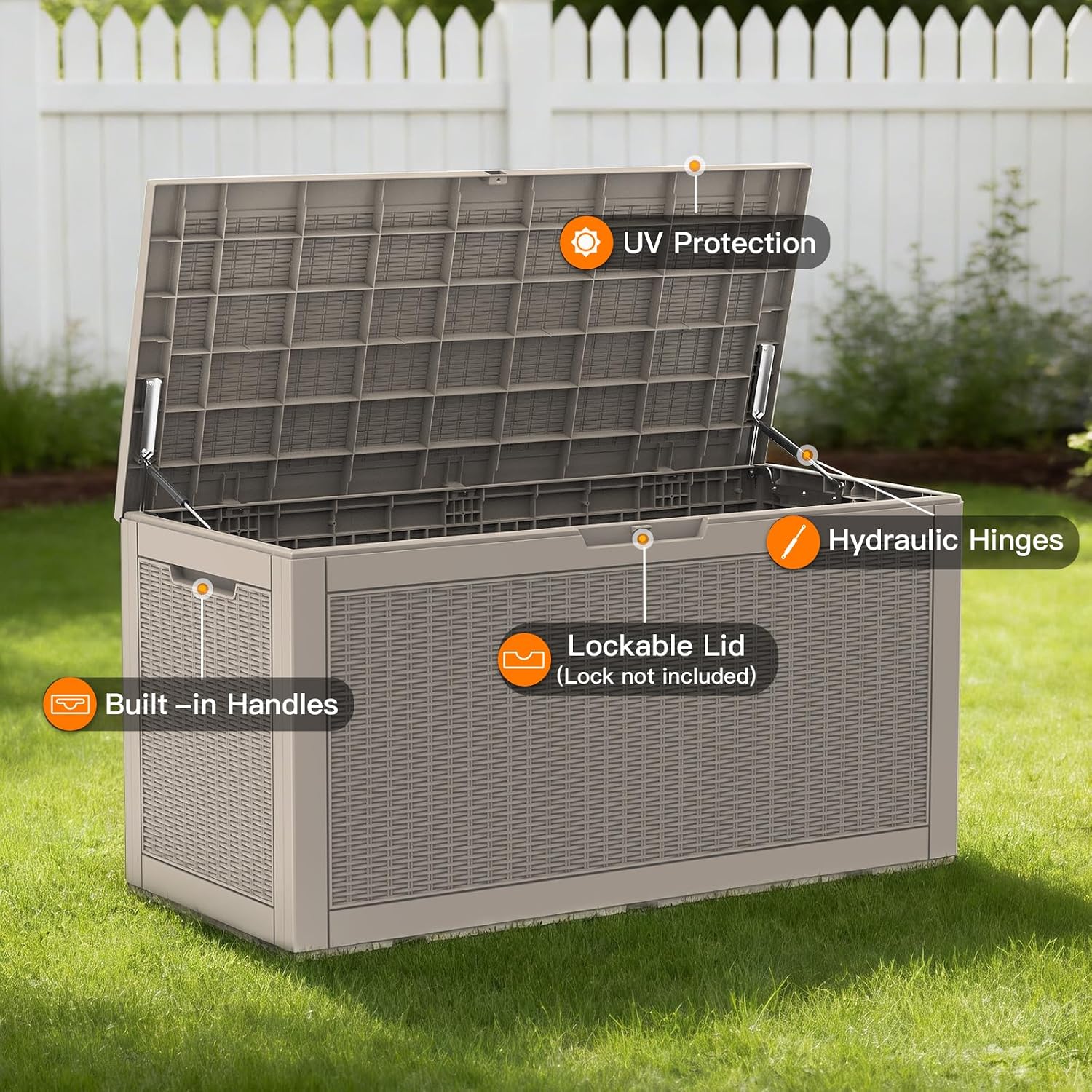 Mars Villa 100 Gallon Outdoor Storage Box, Resin Deck Box Waterproof for Patio Furniture Cushions, Pool Supplies, Gardening Tools, Weatherproof and UV Resistant, Greige