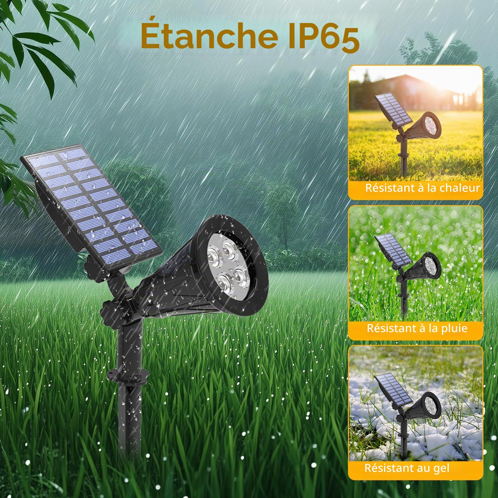 T-SUN [2 Pack LED Solaire Projecteur, Lampe Solaire de 4 LED, Étanche Extérieur Lampe Jardin，Éclairage de Sécurité Paysage Lumière pour Chrismas Arbre, Clôture, Patio, Fête. （Blanco Naturel 4000K