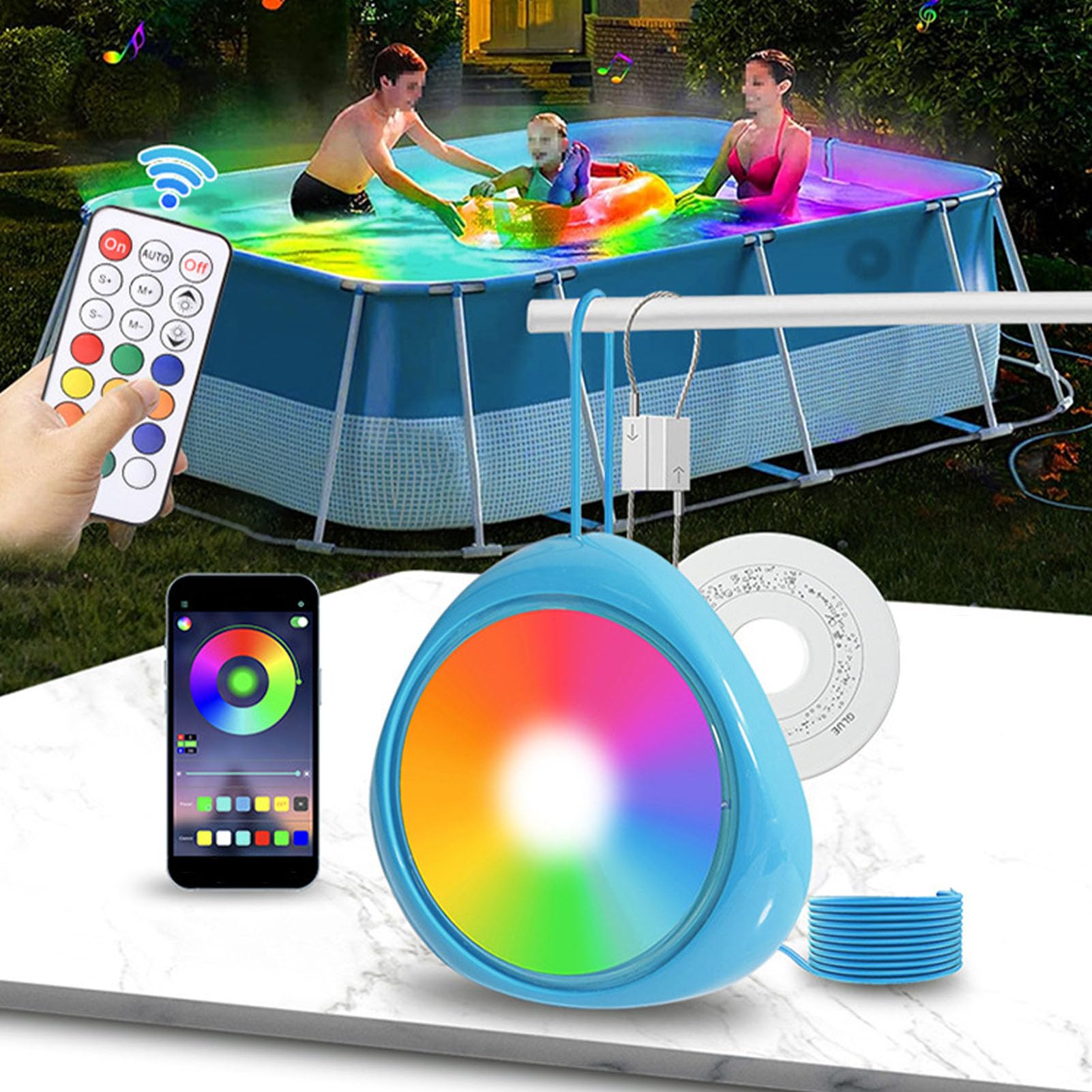 Asixxsix LED-Poolleuchte, Mehrfarbige LED-Pool-Einbauleuchte, IP68 Wasserdichte Unterwasser-Pool-Glühbirne mit APP-Steuerung und Fernbedienung, 26 Fuß Langes Kabel, Schwimmbadleuchte