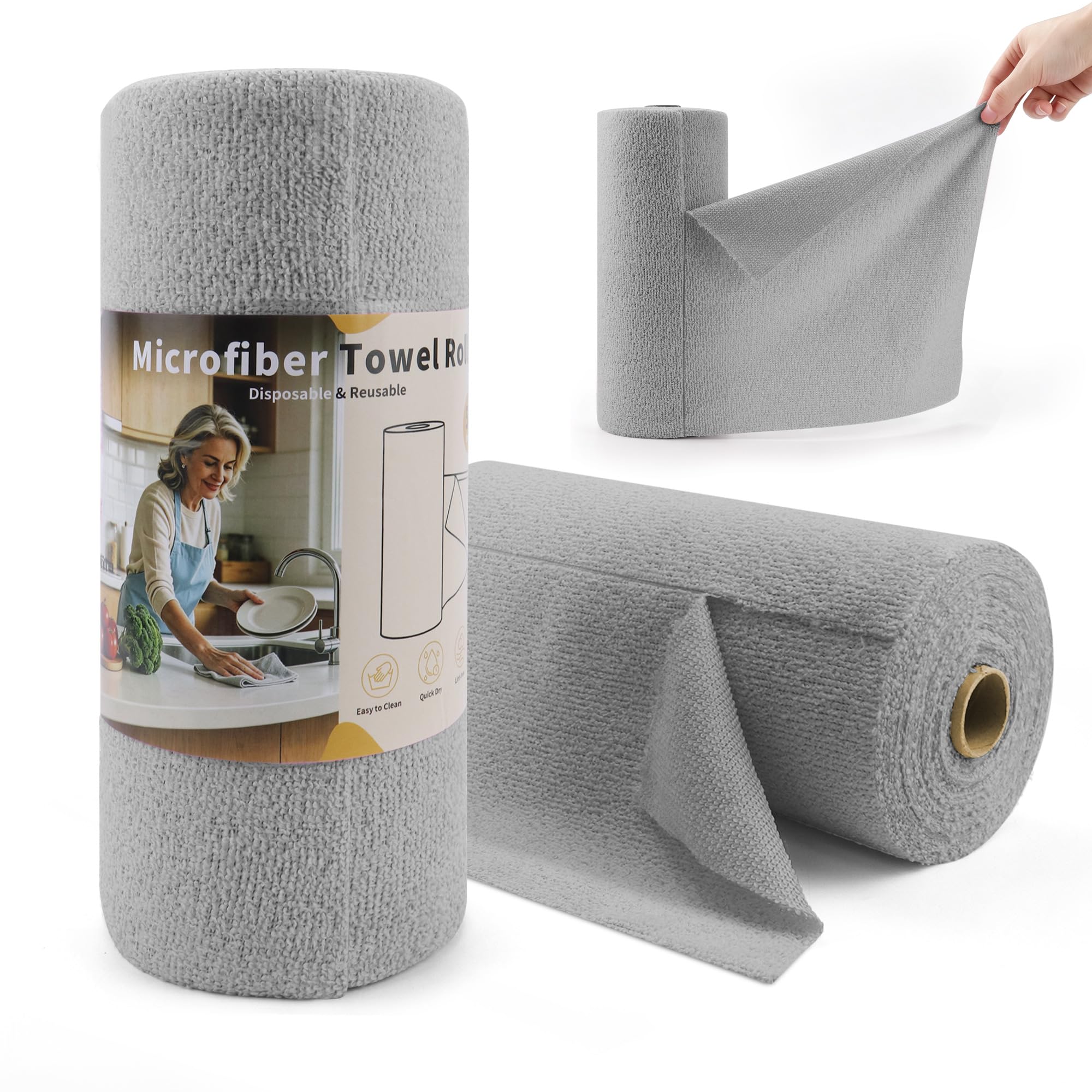 PCCALIGO Microfiber Cleaning Cloth Roll-50PK, Reusable Towels 12×12", Grey