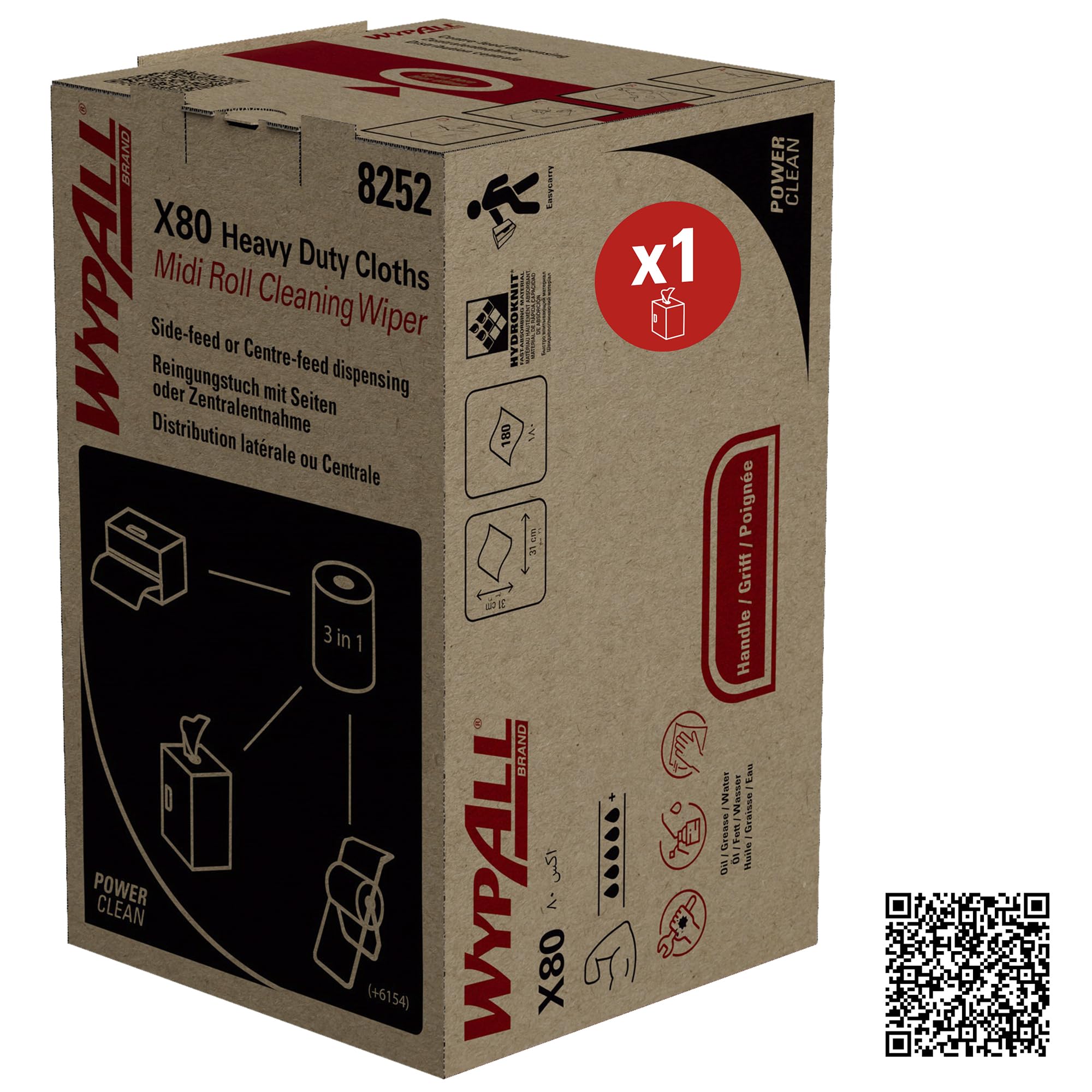 WypAll X80 Cleaning Cloths 8252, Heavy Duty Reusable Wipers, High Absorbency, 2-in-1 Centrefeed Dispensing, 1 Roll x 180 Sheets