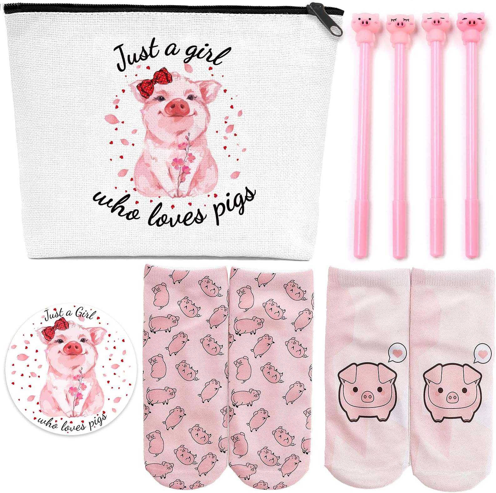 Pig Gifts for Pig Lovers, Travel Cosmetic Bags Portable Makeup Zipper Pouch, Cute Pig Socks, Pigs Writing Gel Ink Pen & Mini Round Mirror, Christmas, Thanksgiving, Birthday Gifts for Girls Women