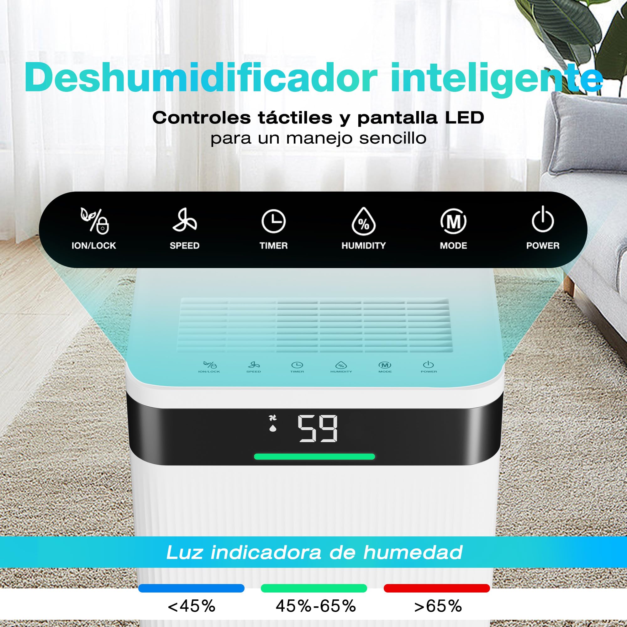HAUSHOF Deshumidificador Eléctrico 20 L/Día, 41 dB Silencioso con Iones Negativos, Depósito 4,5 L y Pantalla LED, 3 Modos, Portátil para Dormitorios, Salón y Sótano (30 m²) | con Iones Negativos, Depósito 4,5 L y Pantalla LED, 3 Modos, Portátil para Dormi