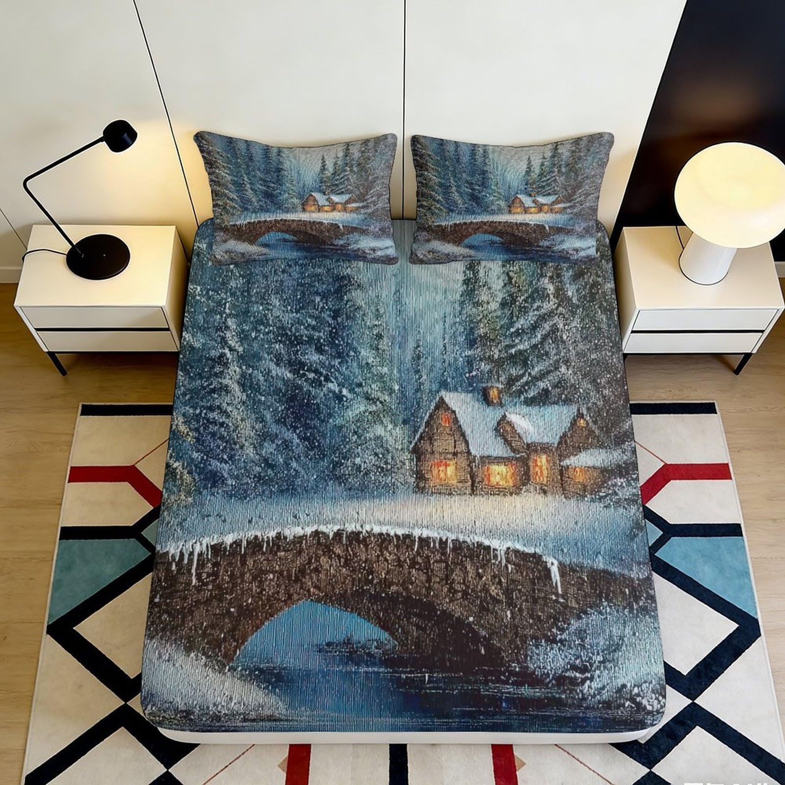 Pnayamiorkfel Style-6 3D Printed Winter Cabin Fitted Sheet Microfiber Soft Snowy Bridge Bed Cover For Bedroom Decor Mattress Protection 90X200x25cm
