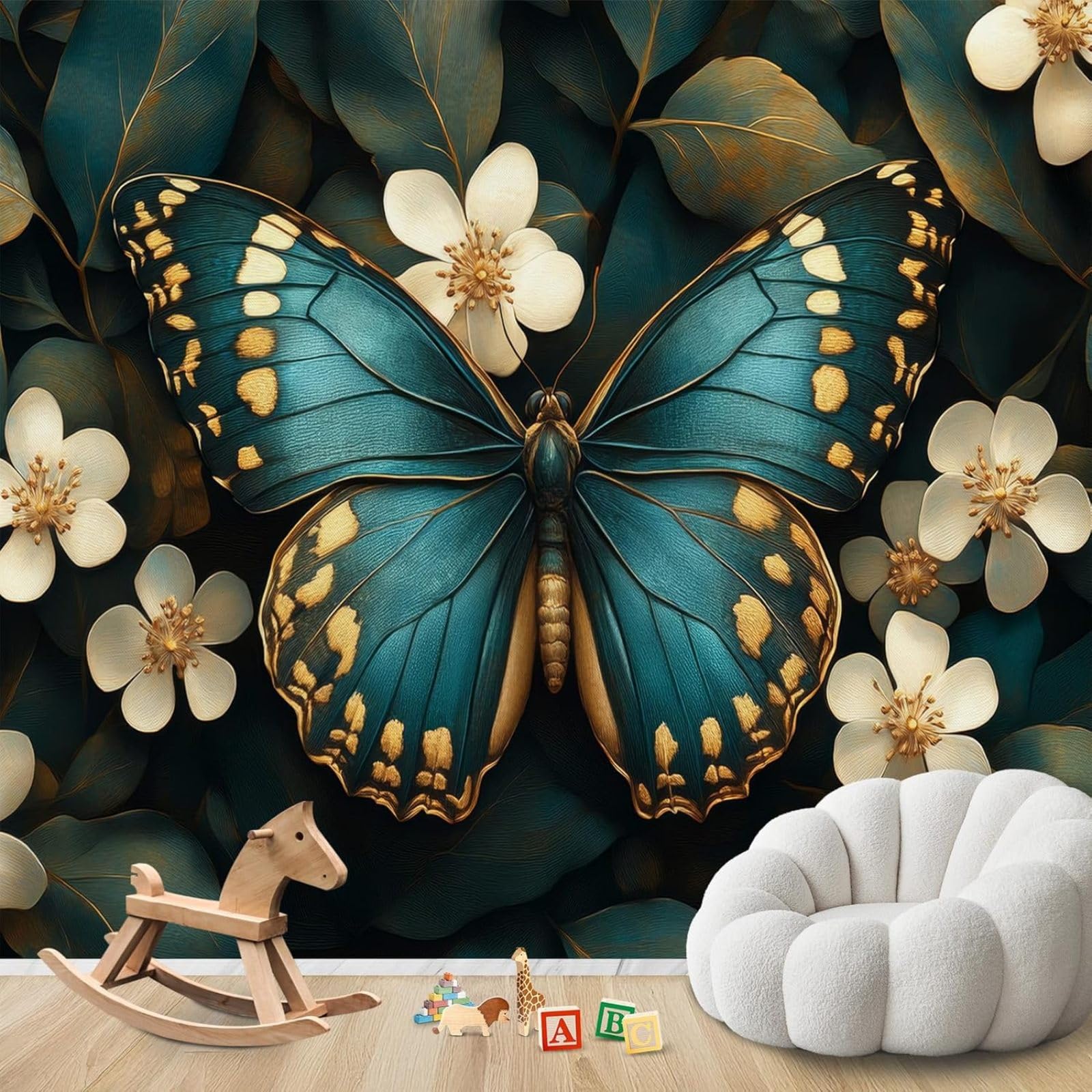 Kfjhgbdshhj 3D Mural Photo Wallpaper Blue Gold Butterfly Elegant Botanical Non-Woven Modern Living Room Bedroom Children's Room Decoration Motif Wallpaper,430Cmx300cm Wall Sticker - Background Wall - Painting - Poster