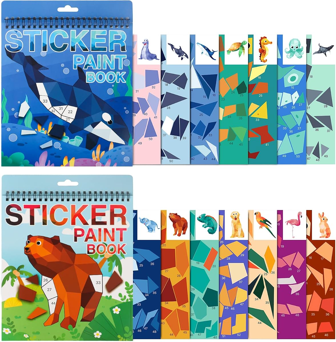 2PCS Crafts for Kids Ages 4-8,8-10 Sticker Paint Number Books Sticker Books for Kids Animal and Ocean Stickers for Birthday Easter Party Favor Road Plane Car Travel Activity (Ocean+Animal)