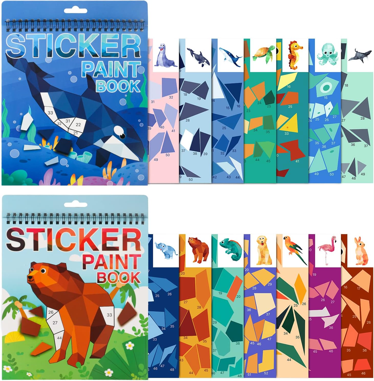 TPQKA 2PCS Crafts for Kids Ages 4-8,8-10 Sticker Paint Number Books Sticker Books for Kids Animal and Ocean Stickers for Birthday Easter Party Favor Road Plane Car Travel Activity (Ocean+Animal)