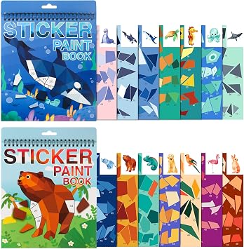 TPQKA 2PCS Crafts for Kids Ages 4-8,8-10 Sticker Paint Number Books Sticker Books for Kids Animal and Ocean Stickers for Birthday Easter Party Favor Road Plane Car Travel Activity Ocean+Animal