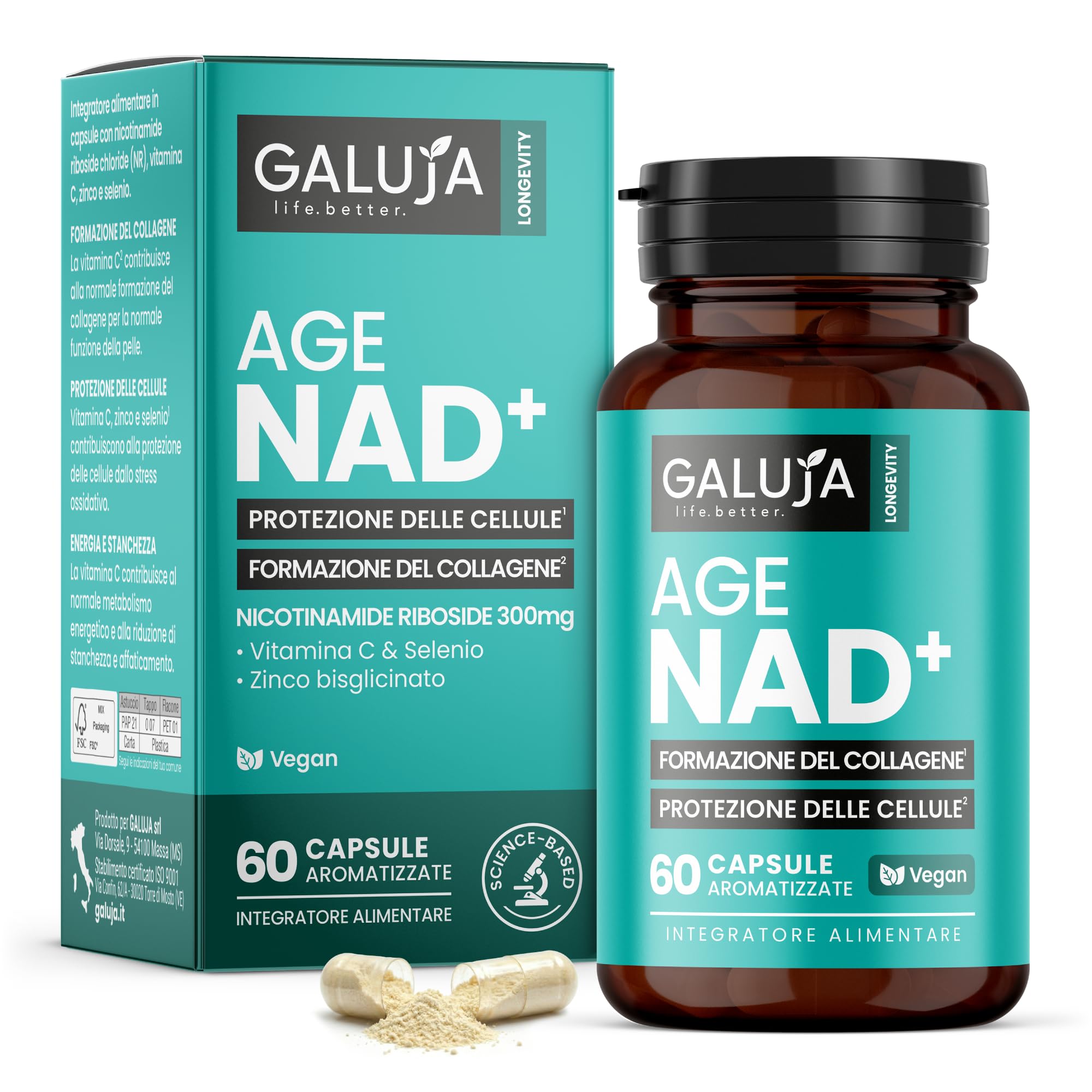 Age NAD+ - Integratore Longevity - NR 300 mg - 30 giorni (60 caps) - Vegan, senza glutine e lattosio, aroma pesca - Antiossidanti - Collagene - Energia - Vitamina C, Zinco, Selenio