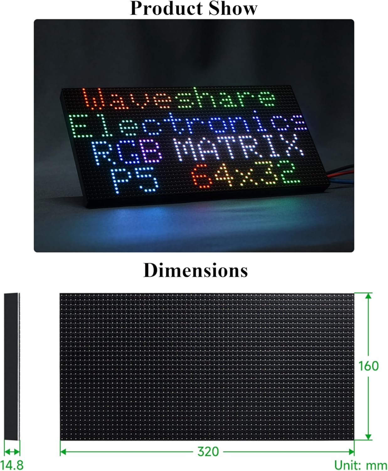 64×32 2048 RGB Full Color LED Matrix Panel, 5mm Pitch, Display Text/Colorful Image/Animation Adjustable Brightness Chainable Design, Compatible with Raspberry Pi/Pi Pico / ESP32/Ardui