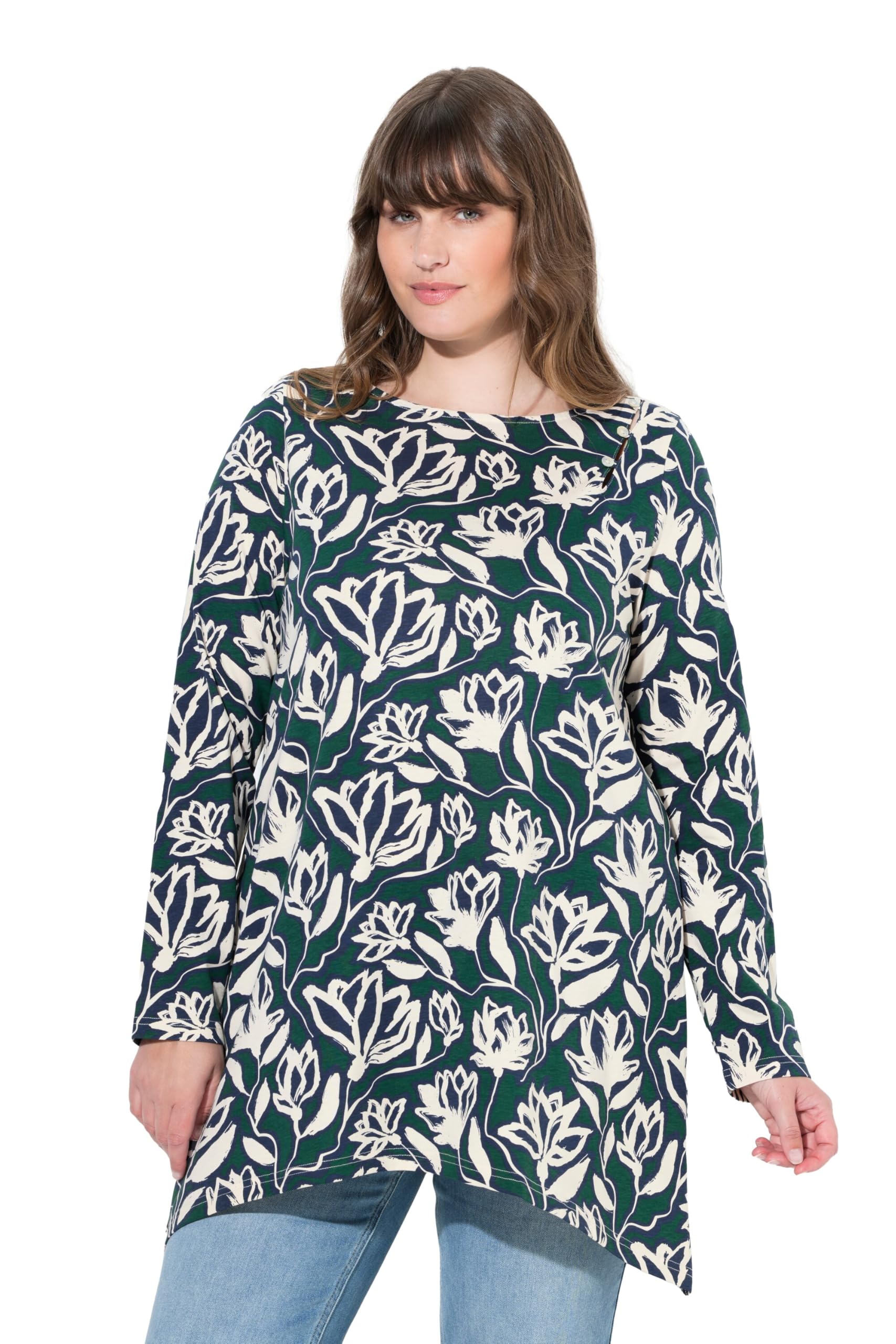 Ulla Popken Damen große Größen Übergrößen Plus Size Shirt, A-Linie, U-Boot-Ausschnitt, Langarm, Biobaumwolle 843810