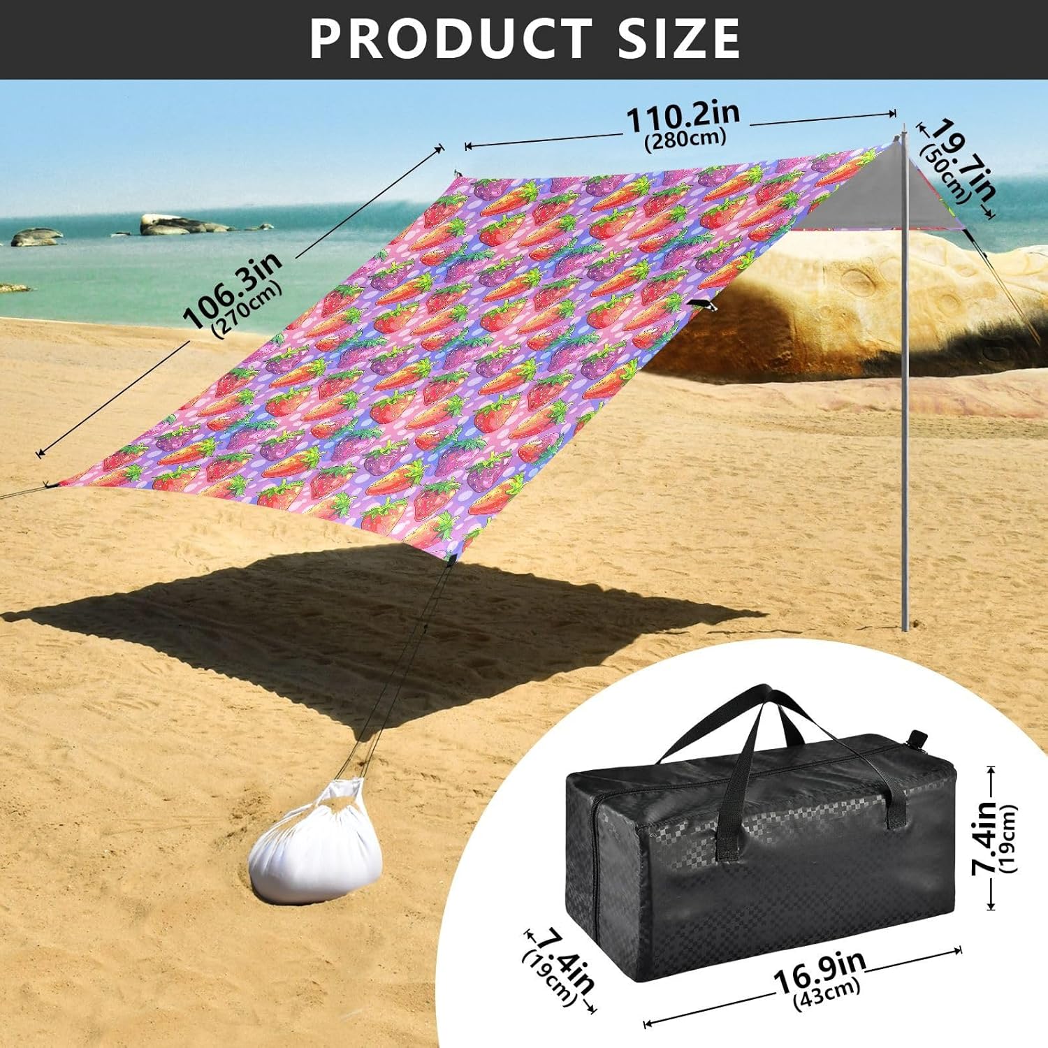 ALAZA Rainbow Strawberry Polka Dots Beach Tent Sun Shelter UPF50+ Protection Beach Shade Canopy w/ 4 Sandbags for Outdoor Camping, Fishing, Backyard Fun, Picnic, 10x9 ft
