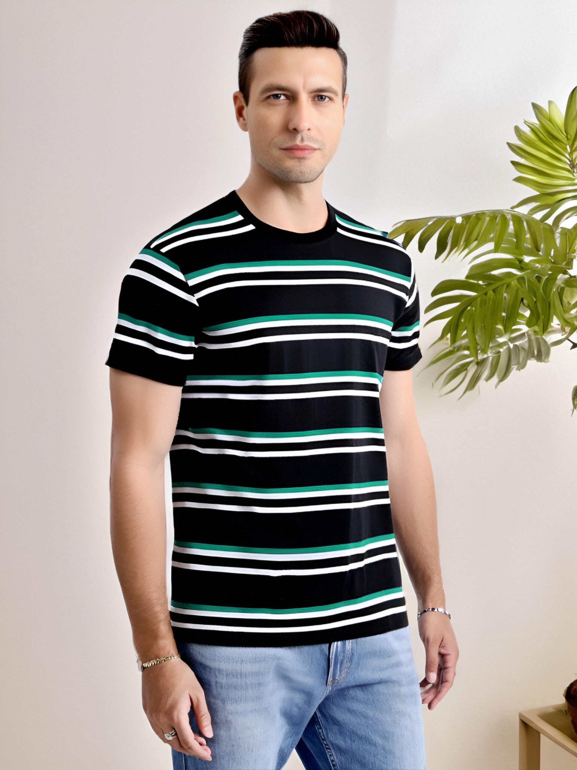 Funny World - Camiseta de algodón a rayas para hombre, cuello redondo, manga corta, básica e informal.