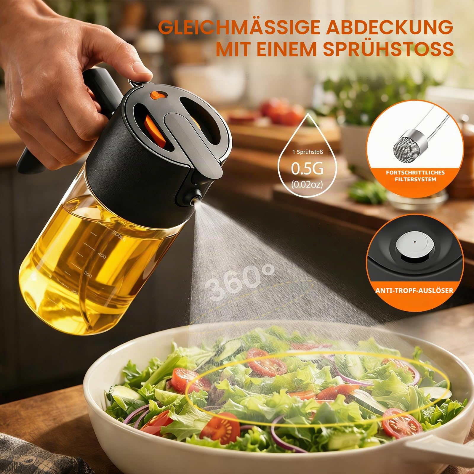 Costop Ölsprüher zum Kochen, 2025 große fortschrittliche Olivenölspenderflasche, 500 ml, Glas, Olivenöl-Sprüher, 2-in-1 gleichmäßiges Sprühen mit Portionskontrolle für Küche, Luftfritteuse, Salat