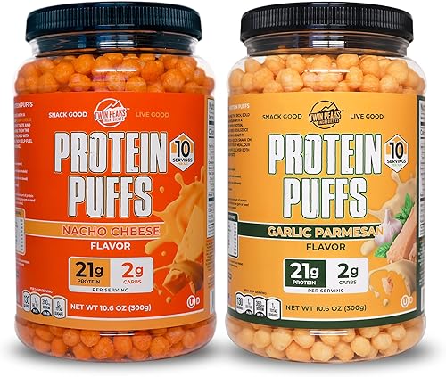 Twin Peaks - Bocadillos de proteína bajos en carbohidratos, aptos para dieta cetogénica, 1 jarra de ajo y parmesano + 1 jarra de bocanadas con sabor