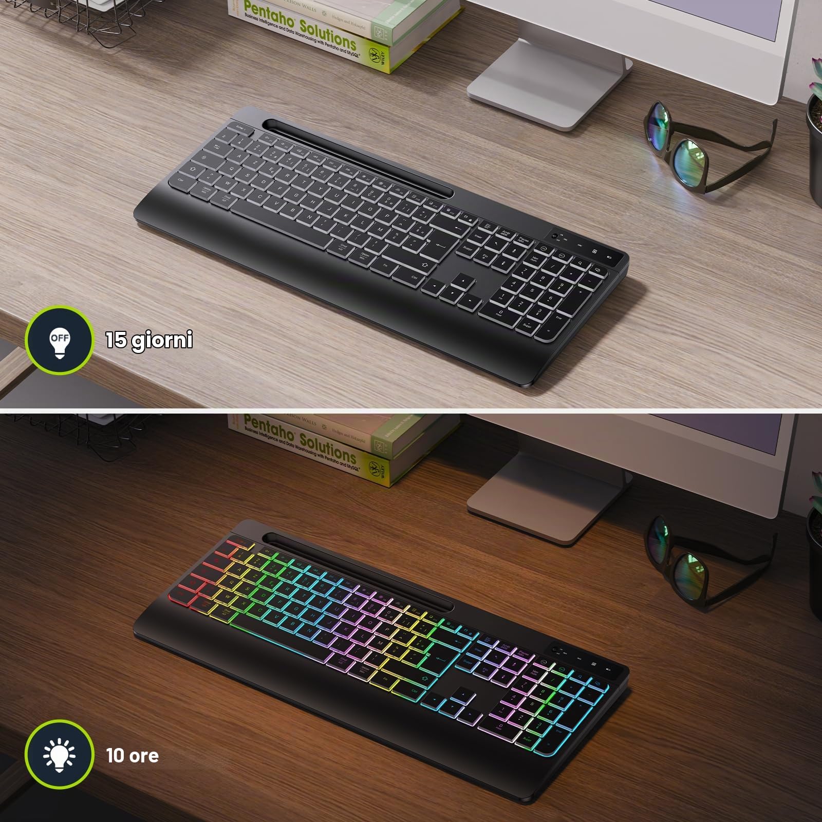 TECURS Tastiera senza fili Retroilluminazione - Tastiera Gamer Poggia Polso Supporto Telefono, Tastiera Computer 2.4G Ergonomico Ricaricabile Silenzioso Tastiera per Windows Mac PC