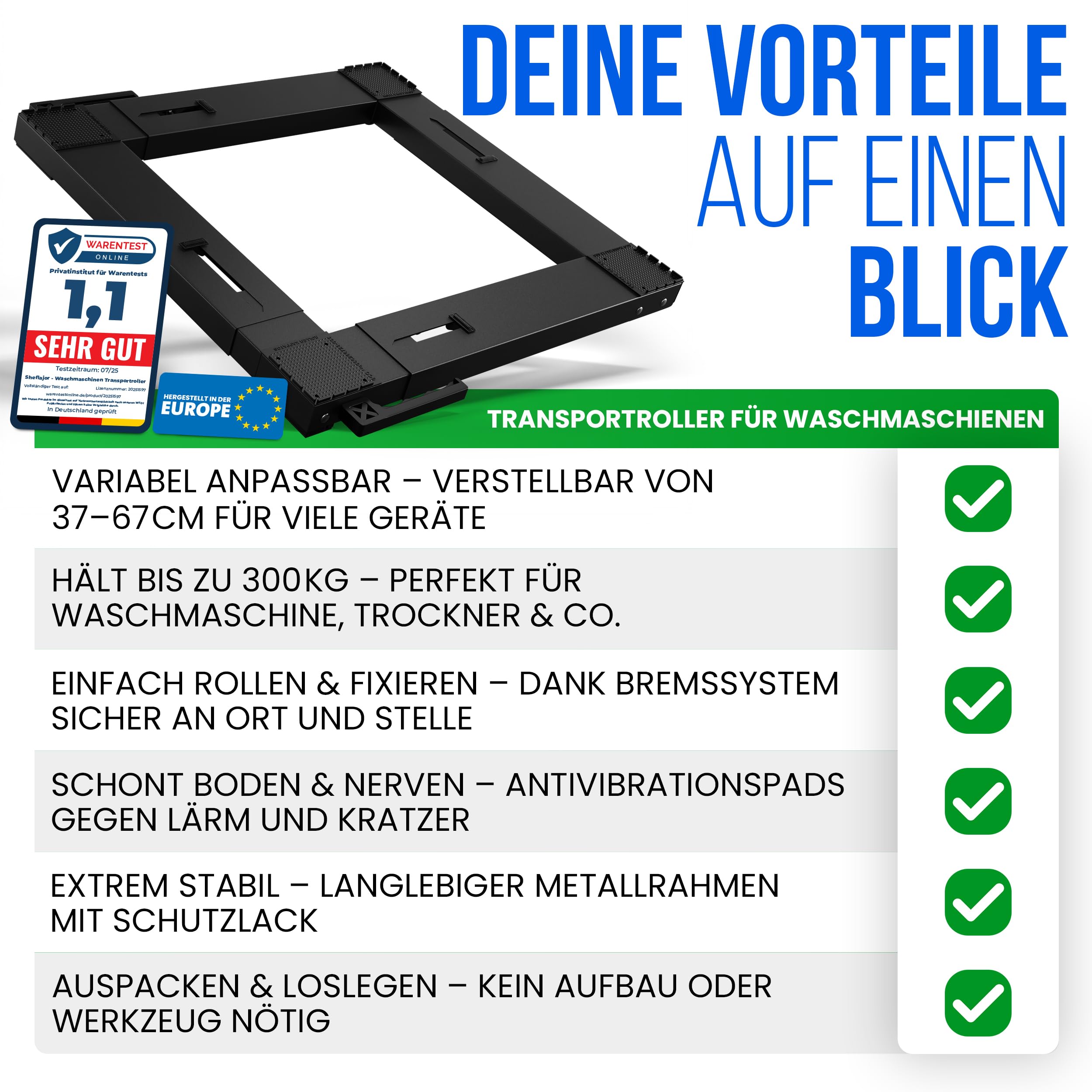Waschmaschinen Untergestell mit Rollen & Bremse – verstellbar 37–67 cm – 300 kg Traglast – Transportroller mit Vibrationsdämpfung für Waschmaschine, Trockner & Kühlschrank