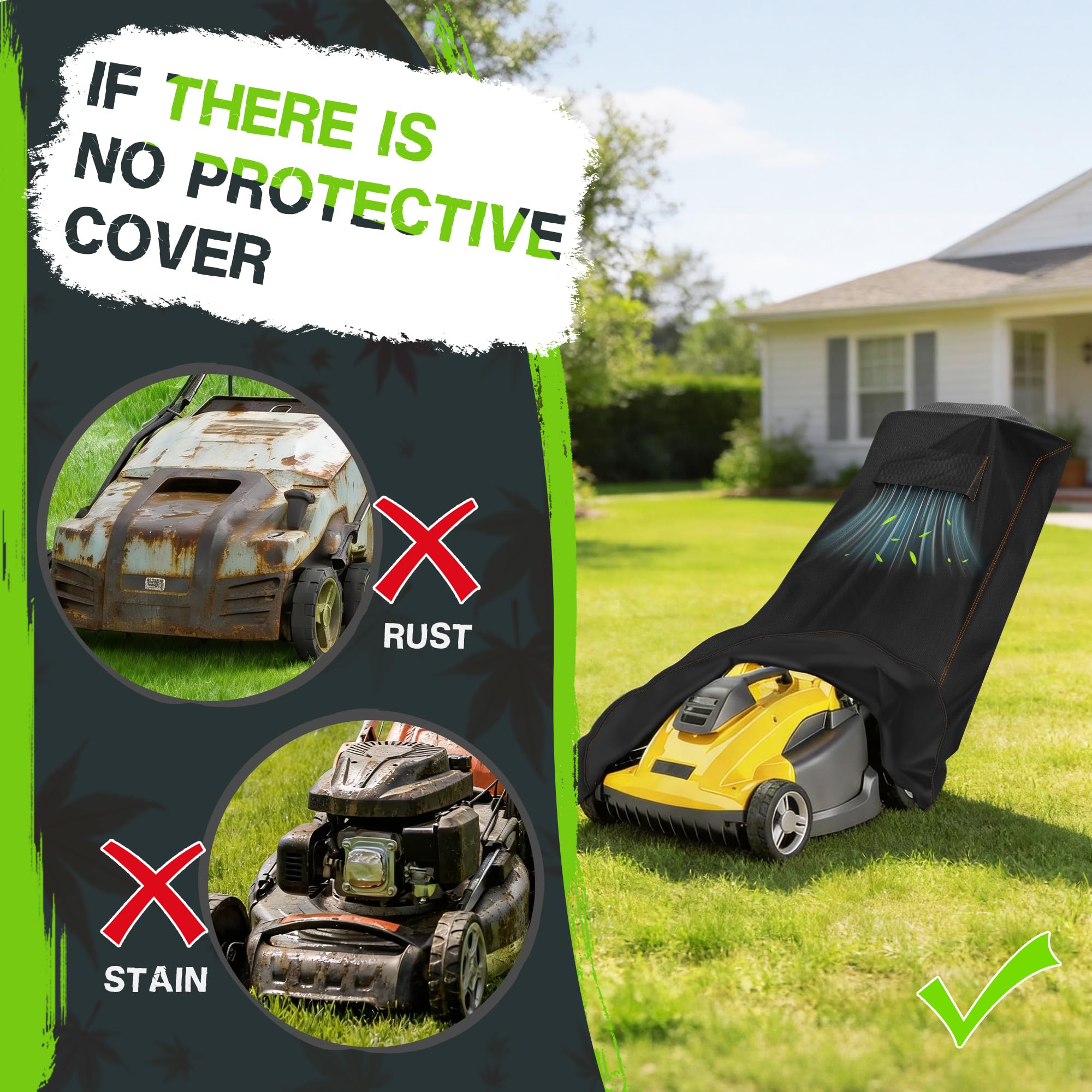Fundas impermeables para cortacésped, protector anti-UV, con rejillas de ventilación y correas elásticas, 210D Oxford resistente a la intemperie (188 x 102 x 66 cm)