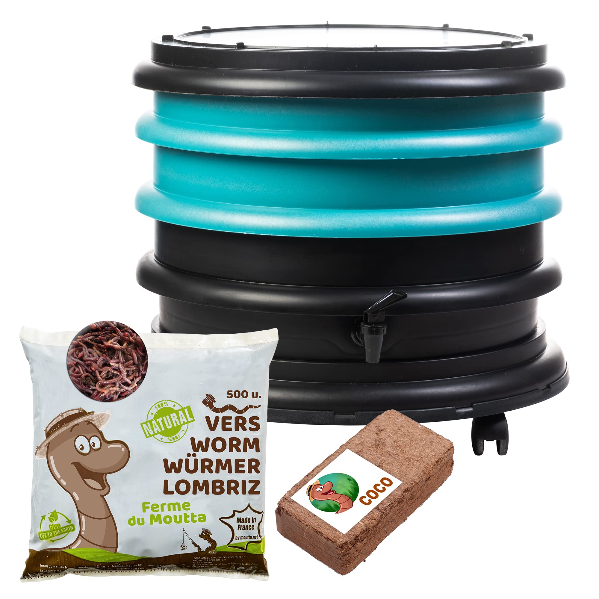 WORMbox | Wormery Worm Farm composter 2 Turquoise Trays + 250gr of Compost Worms / 500 ctn + 1 Coco | 32 liters | Organic Waste Compost, make your Worm Castings