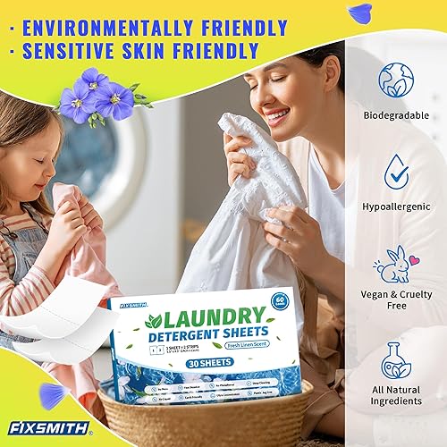 Miniatura 7 de FIXSMITH Hojas de detergente para ropa  120 cargas (60 hojas) aroma de lino fresco  Hipoalergénico, tiras de detergente para ropa ecológicas,