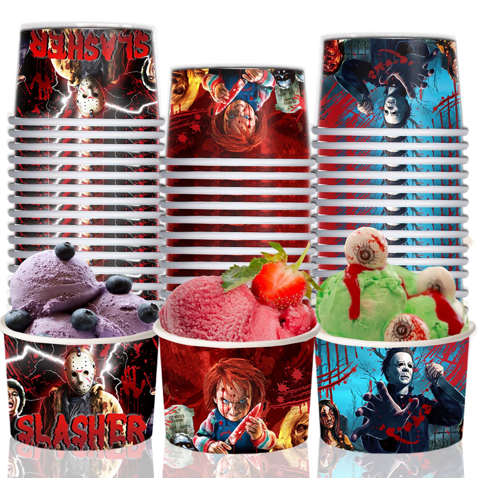 VDESFUEBY 45Pcs Horror Movie Party Supplies,Halloween Horror Party Ice Cream Paper Cups Disposable Snack Paper Cups for Horror Birthday Party Decorations