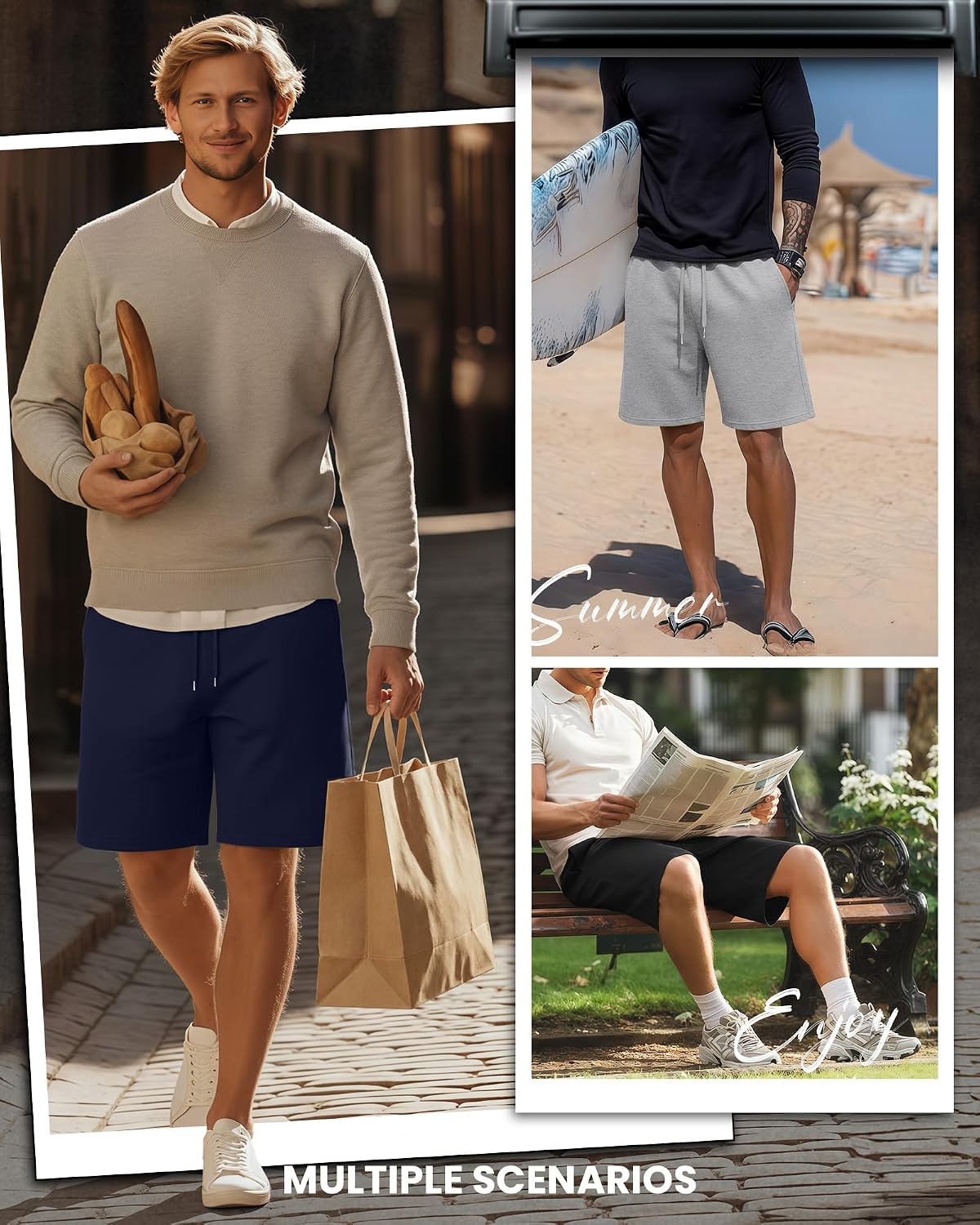 Riyiper 3 Pack Mens Bermuda Athletic Shorts Cotton Blend Casual Sweat Shorts with Pockets Drawstring 9" Knee Length Pants
