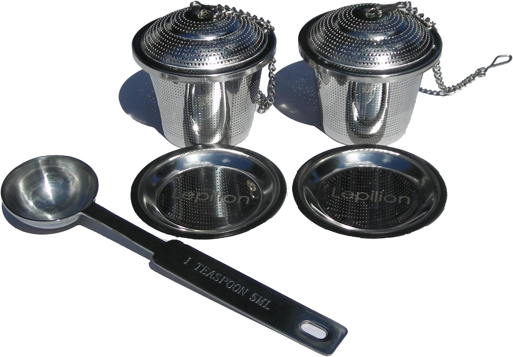 Lepilion Loose Leaf Tea Infuser Set of 2 with Drip Trays and Measuring Tea Scoop | Ultra Fine Stainless Steel Strainer for a Superior Brewing Experience | Brew In Mug, Cup, or Small Pot