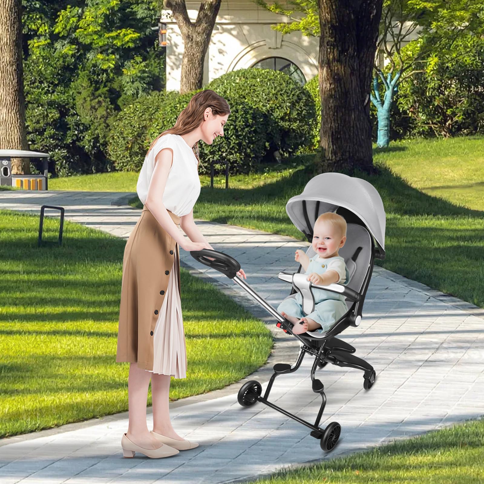 OHMG Passeggino compatto pieghevole 25 kg con sistema trolley cappottina estensibile 0-4 anni 5 kg
