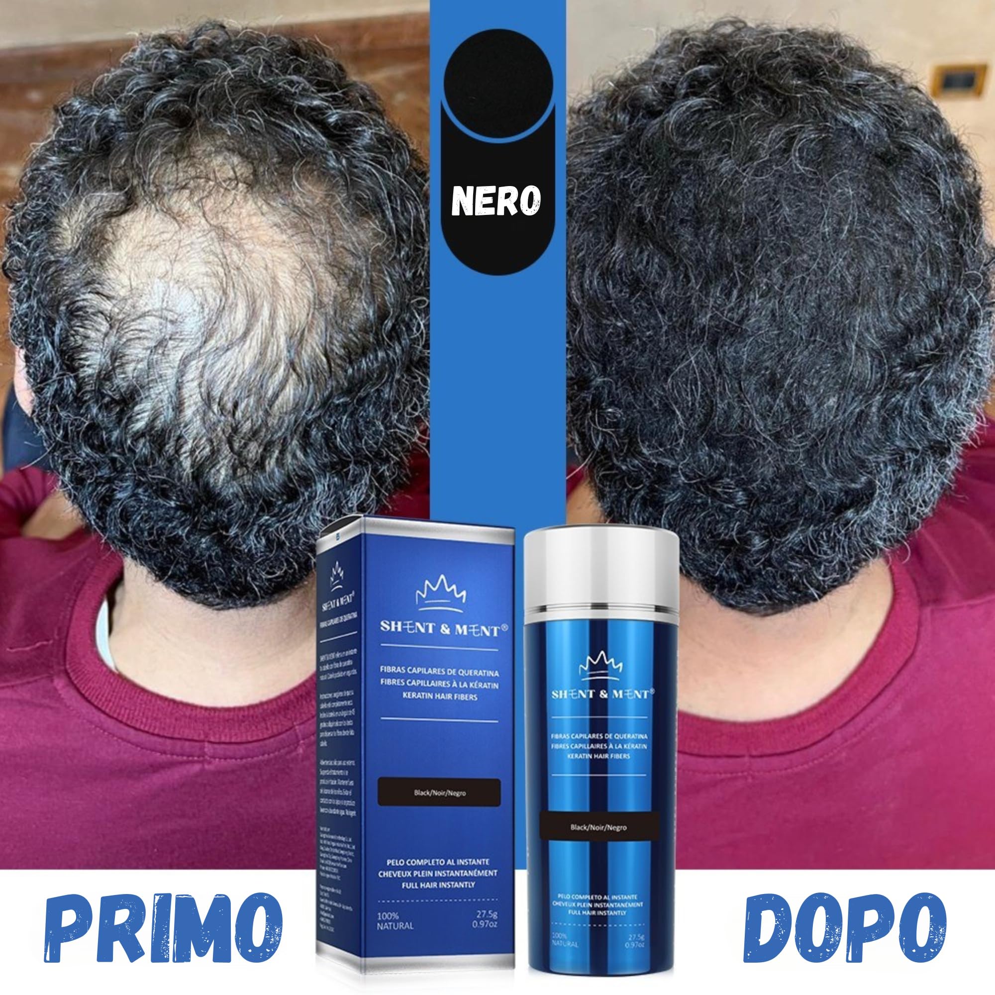 SHENT & MENT Fibre Capelli Cheratina Volume Istantaneo Copertura Naturale Capelli Sottili Caduta Calvizie Entrate Zone Diradate Resistente Sudore Vento Facile Applicazione Marrone scuro 27,5g