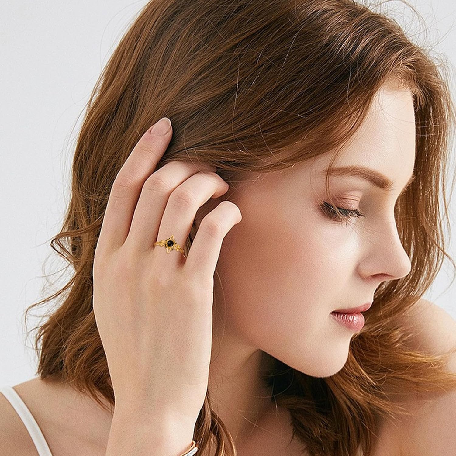 ELFRONT 14k Real Gold Witches Knot Rings Soild Gold Witch's Magical Knot Rings Black Onyx Pagan Celtic Cross Jewelry for Women Girlfriend Female