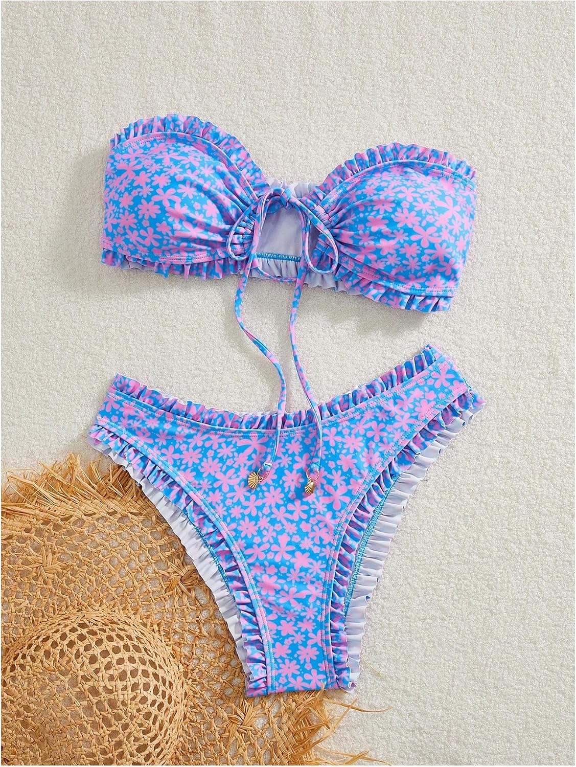 SHENHE Women's 2 Piece Bandeau Bikini Set Floral Print Tie Knot Ruffle Strapless Swimsuits